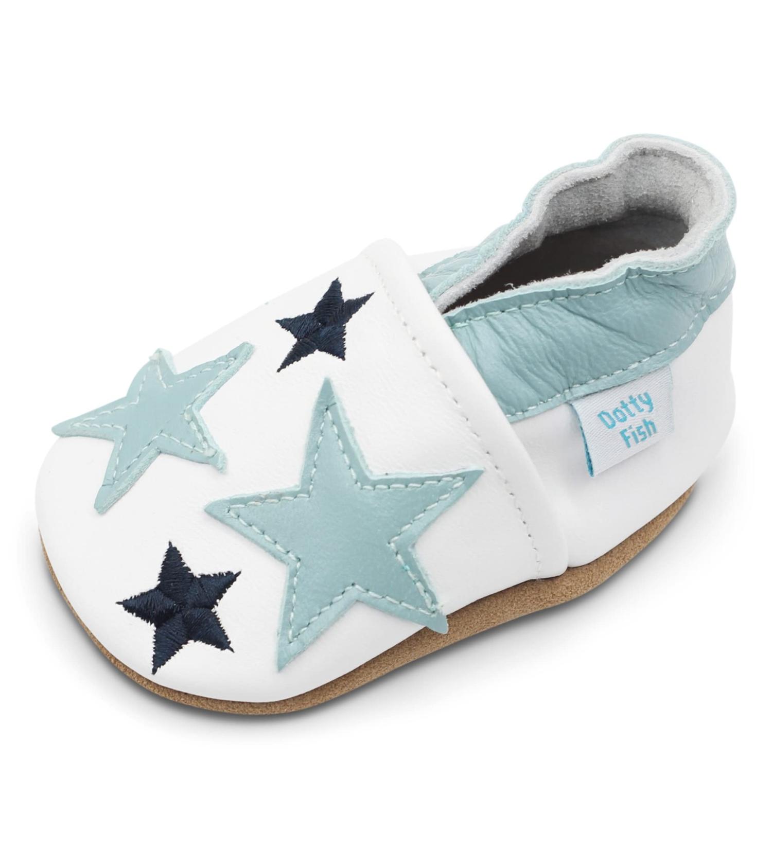 Dotty Fish Soft Leather Baby Shoes | Boys' Toddler Shoes with Non-Slip Suede Soles | Blue Stars Design | 0-6 Months - 4-5 Years - Buy Online on SooperMarket.com