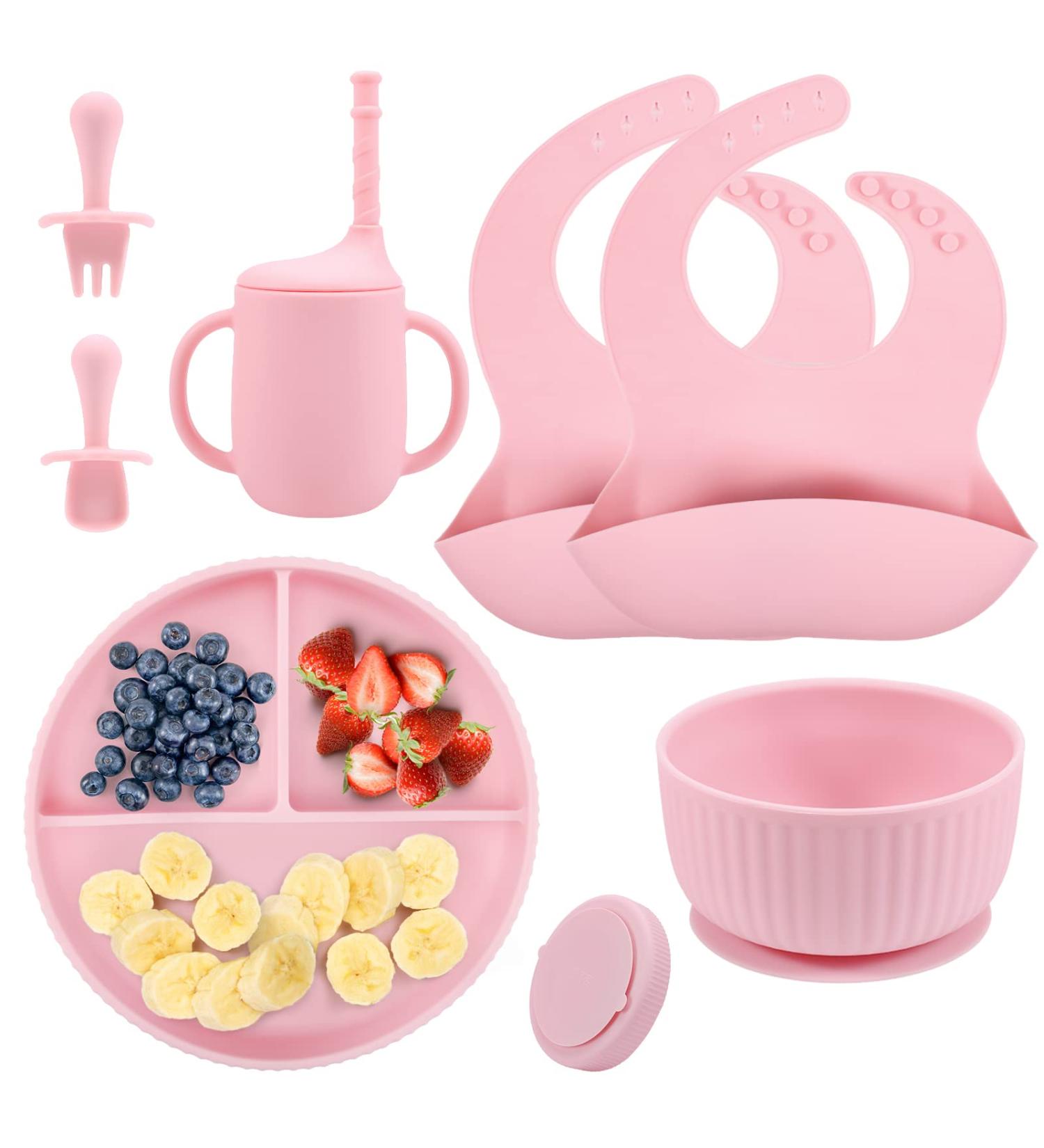 Baby Feeding Set - Silicone Bib, Suction Divided Bowl, Spoon & Fork - Toddler Utensils - Pink (6 Months) | Baby Led Weaning Supplies - Buy Online on SooperMarket.com