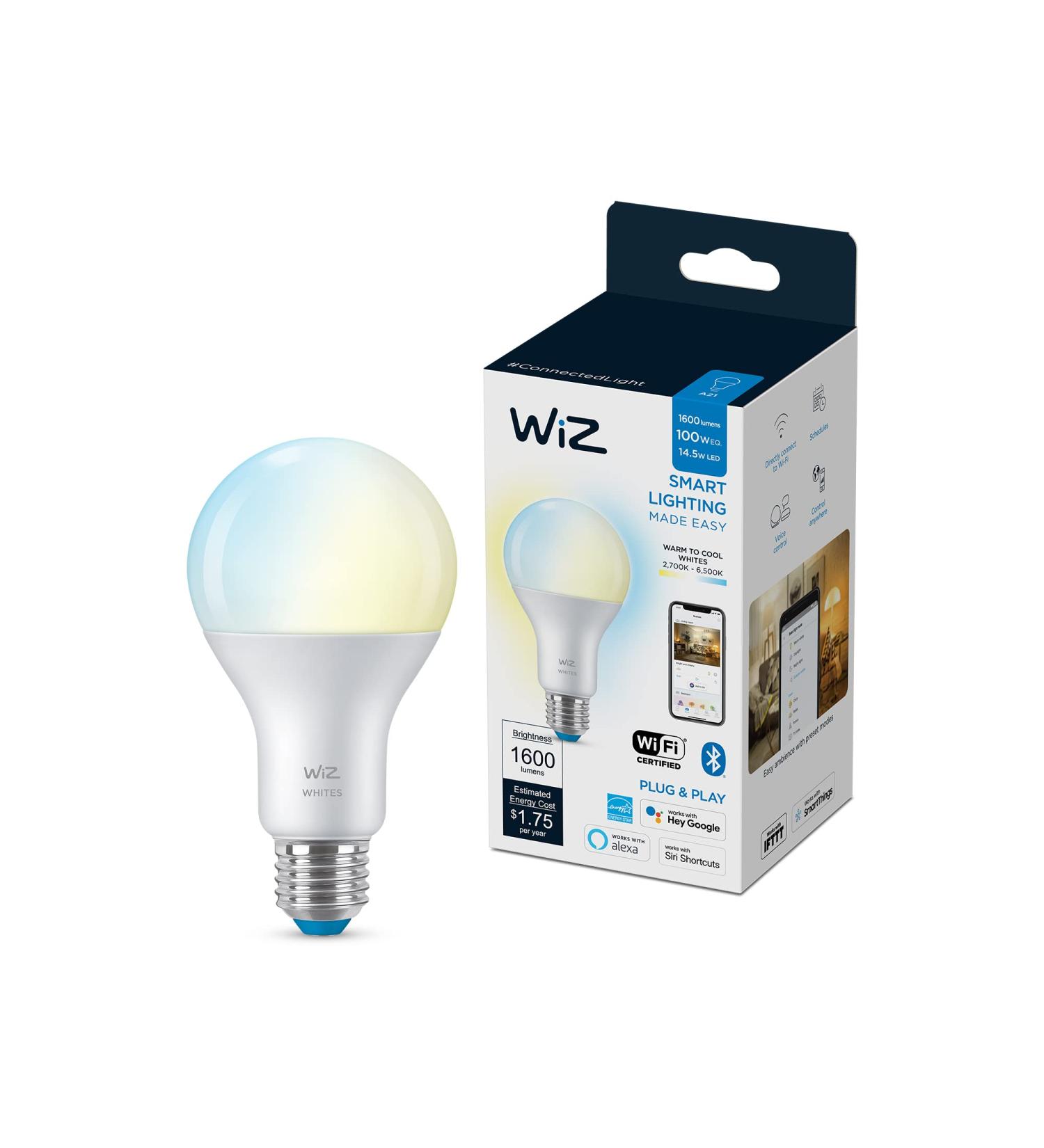 WiZ Connected Color 100W A21 Smart WiFi Light Bulb | Dimmable 2700K - 6500K + RGB | Works with Alexa, Google Assistant, Siri Shortcuts | No Hub Required | 16 Million Colors | 1 Bulb A21 Tunable White | Pack of 1 - Buy Online on SooperMarket.com