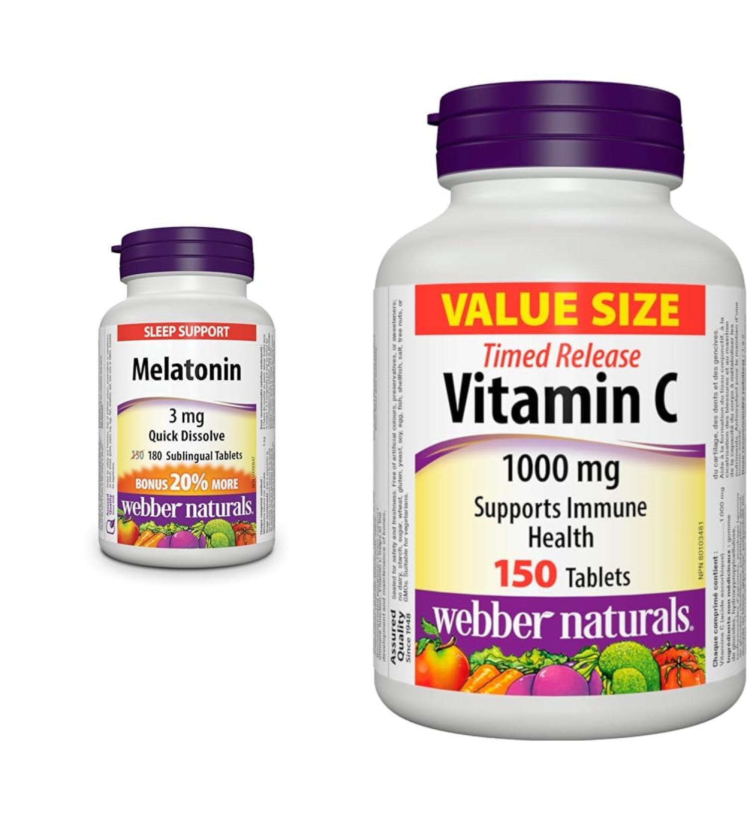 Webber Naturals Melatonin 3 mg 180 Quick Dissolve Tablets For Sleep Support Vegetarian & Vitamin C Timed Release 1000 mg 150 Tablets For Bones Teeth Immune and Antioxidant Health - Buy Online on SooperMarket.com