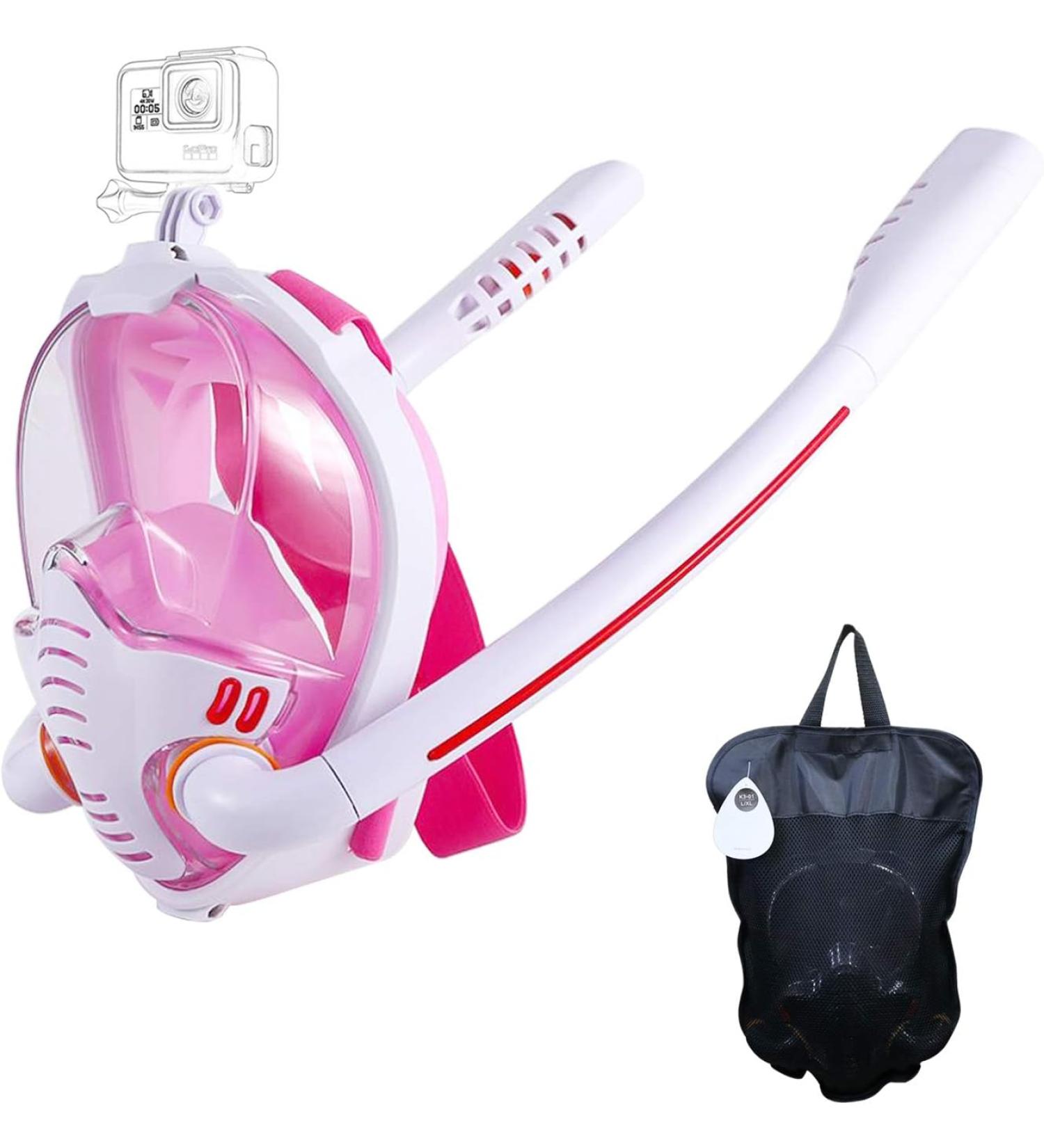 HJKB Full Face Snorkel Mask | Anti-Fog Wipes | 180 Panoramic HD View - White & Pink - S/M - Buy Online on SooperMarket.com