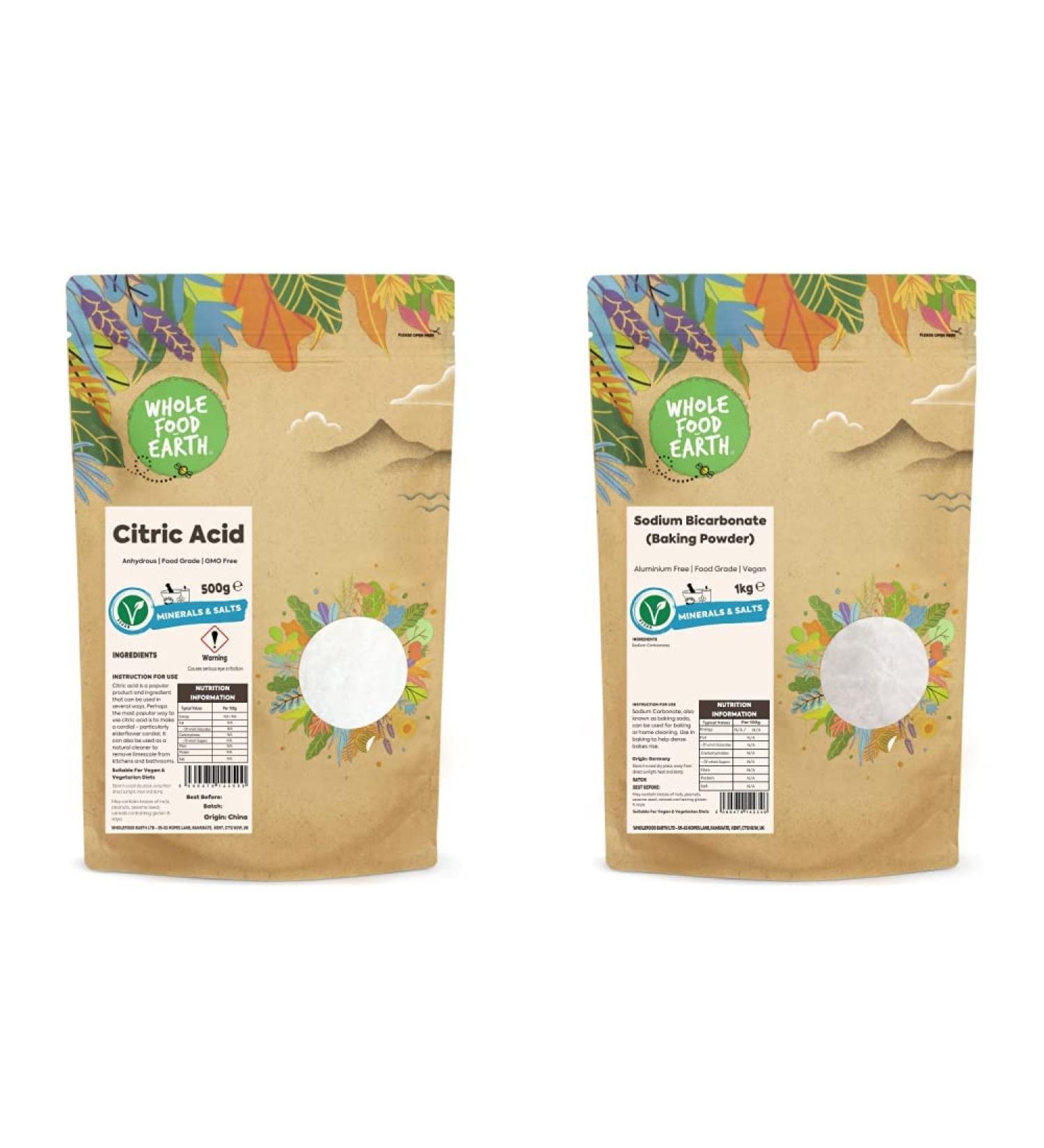 Wholefood Earth - Citric Acid 500g - Anhydrous - Food Grade & Sodium Bicarbonate Baking Soda 1 kg + Sodium Bicarbonate Baking Soda 1 kg - Buy Online on SooperMarket.com