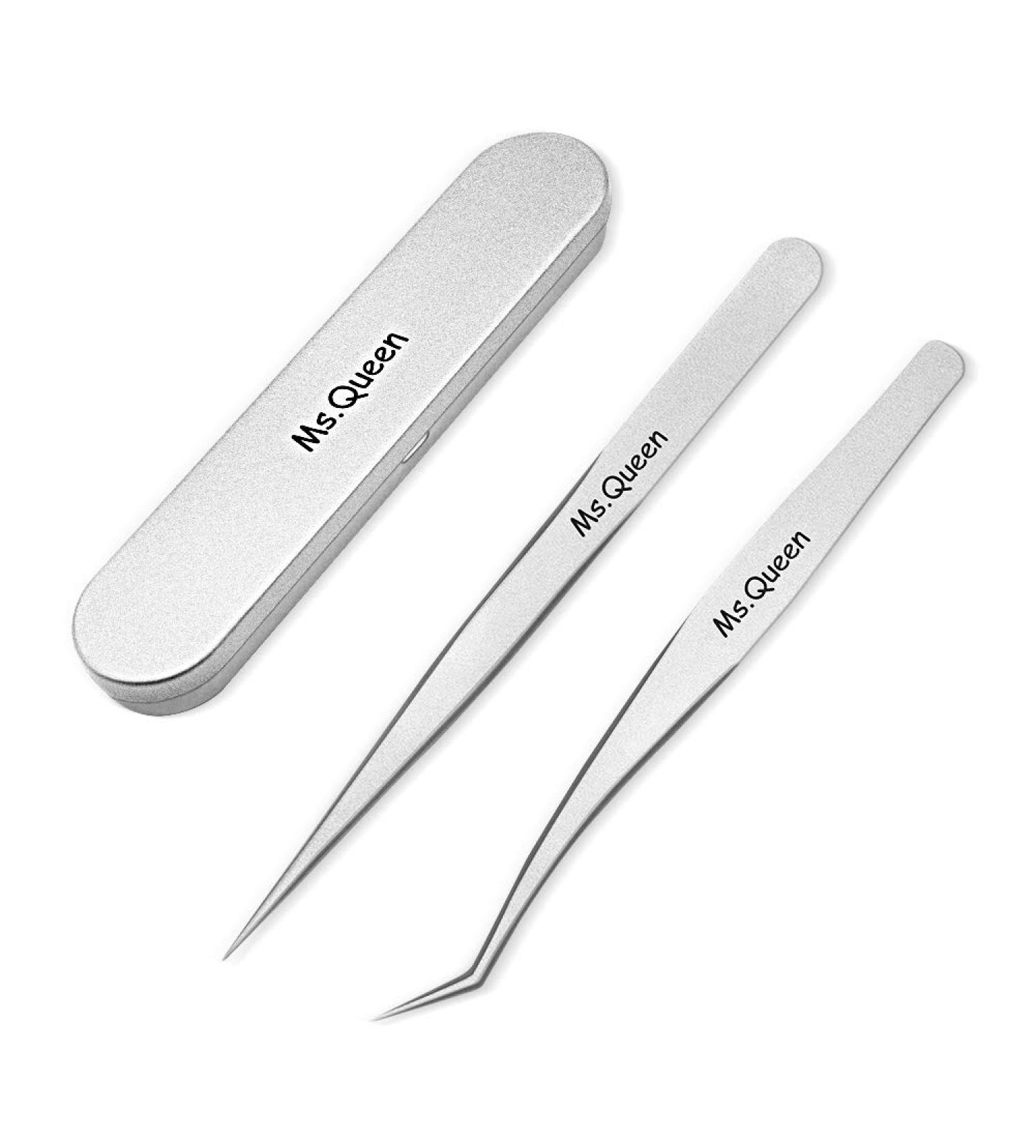 Ms.Queen Professional Eyelash Extension Tweezers Set - Straight and Curved Pointed Precision Crafted Tweezers for 3D-6D Volume False Eyelashes Extensions - 2 Pcs with Aluminum Storage Case - Buy Online on SooperMarket.com