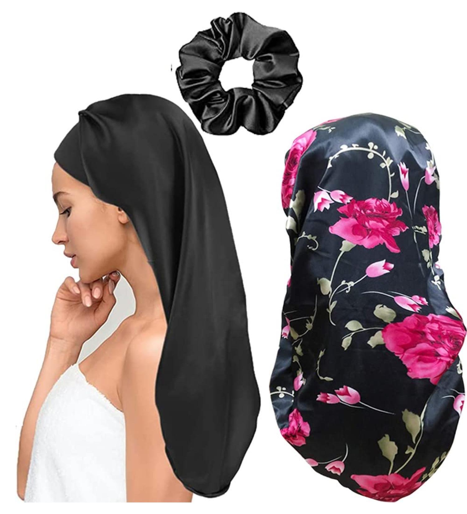 Shop Ladaypoa 2-Piece Long Satin Sleeping Hats for Women | Extra Large Soft Hair Hood | Comfortable Black & Red Design - Buy Online on SooperMarket.com
