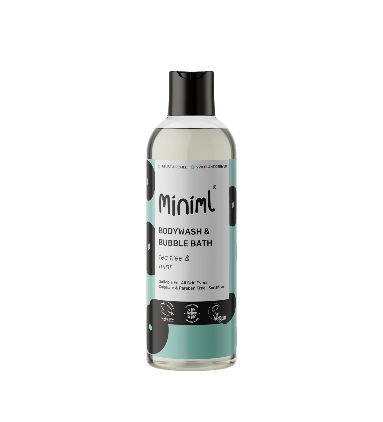 Miniml All Natural Body Wash and Bubble Bath - 500ml Moisturising Tea Tree & Mint Sensitive Skin Eco Shower Gel Bath Soak - Vegan Friendly High Foam - Buy Online on SooperMarket.com