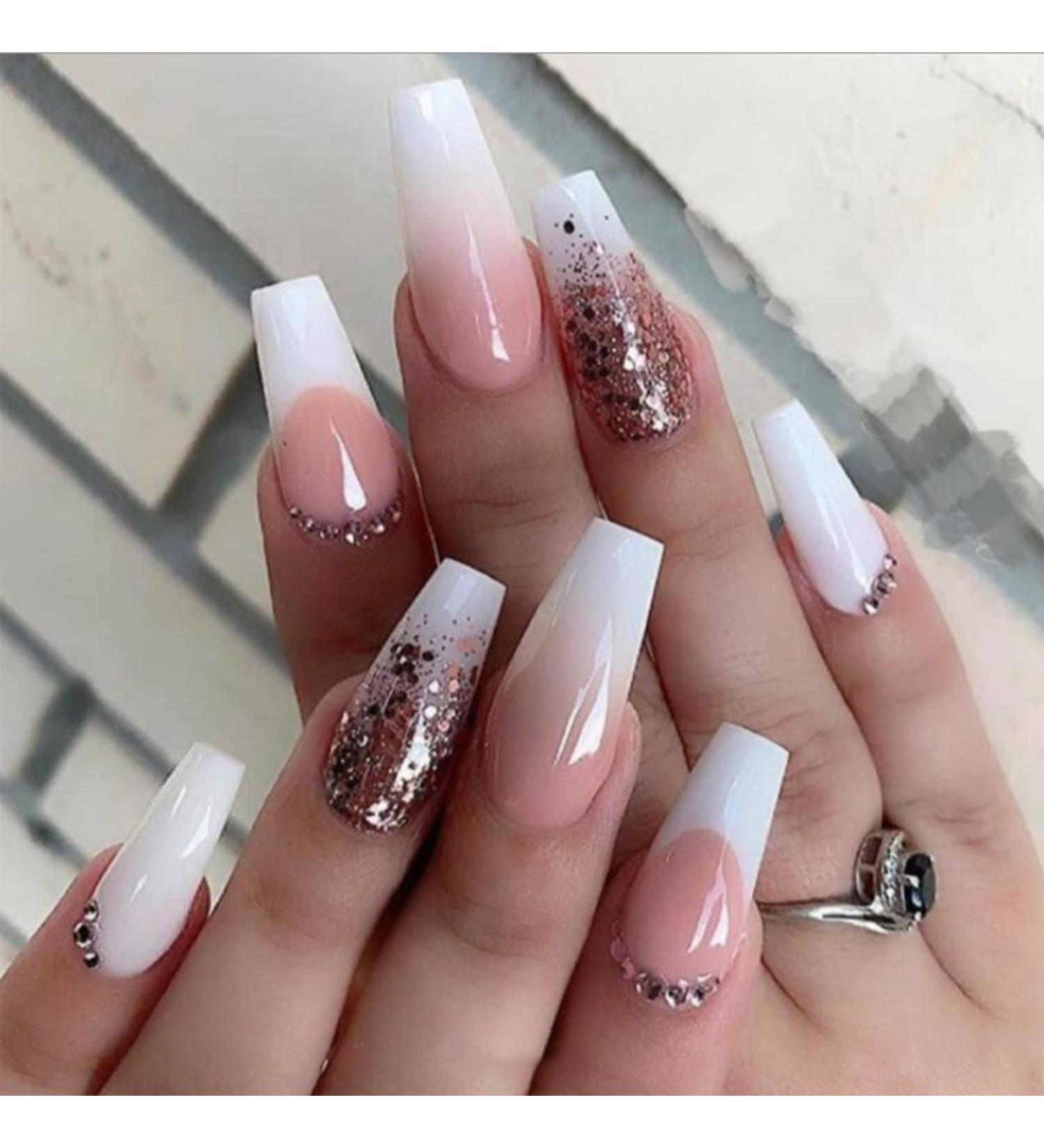 LUVADEYO 24 PCs Pink Coffin Sequins Fake Nails | Medium Length Press-On Nails with Bling Gradient & Rhinestone Design - Gorgeous Full Cover False Nails - Buy Online on SooperMarket.com