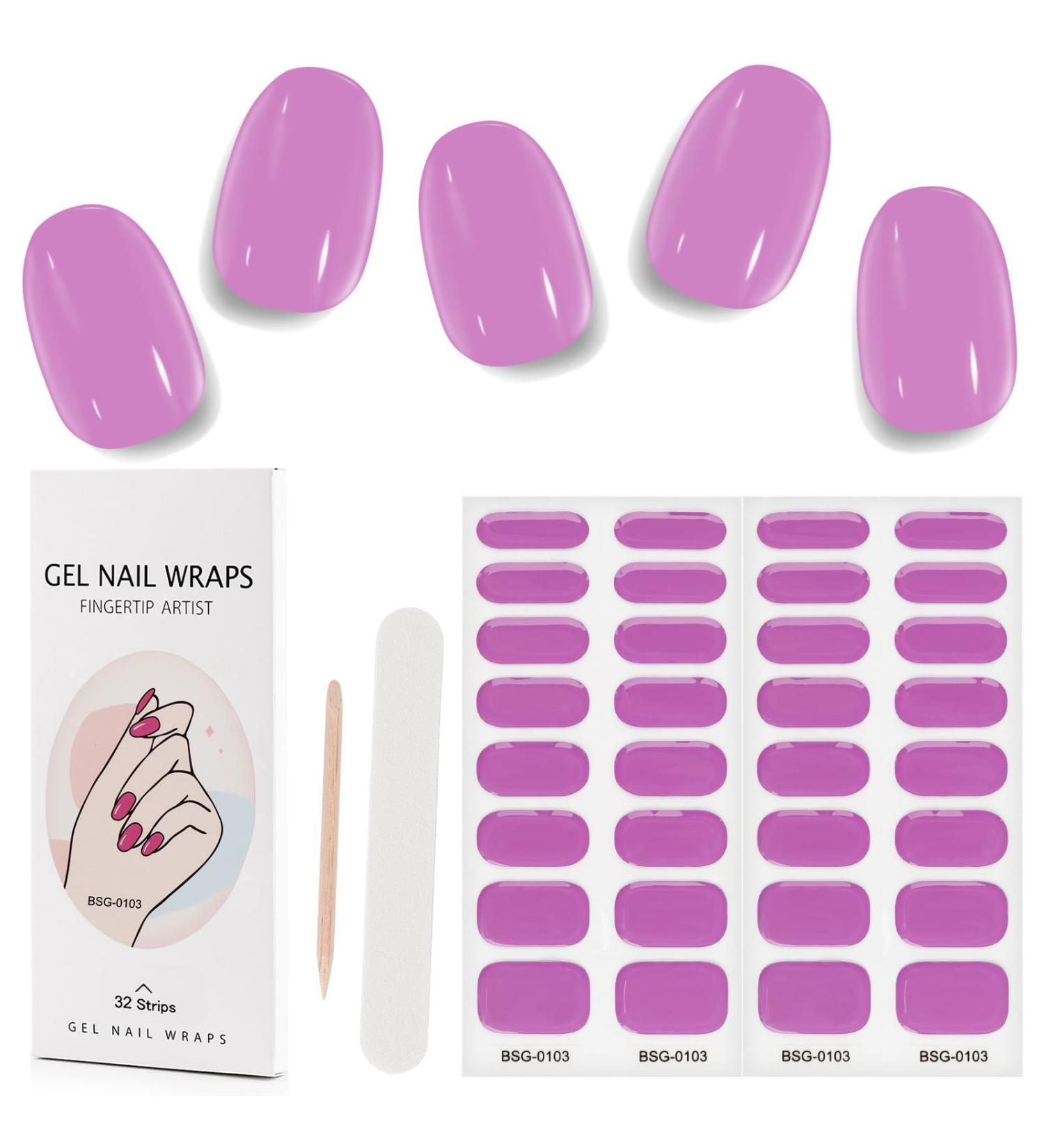 Kalolary 32PCS Cured Gel Nail Polish Strips Adhesive Full Wrap Gel Nail Art Sticker Waterproof Gel Nail Wrap Stickers with Nail File and Stick(UV/LED Lamp Required) (Purple) - Buy Online on SooperMarket.com
