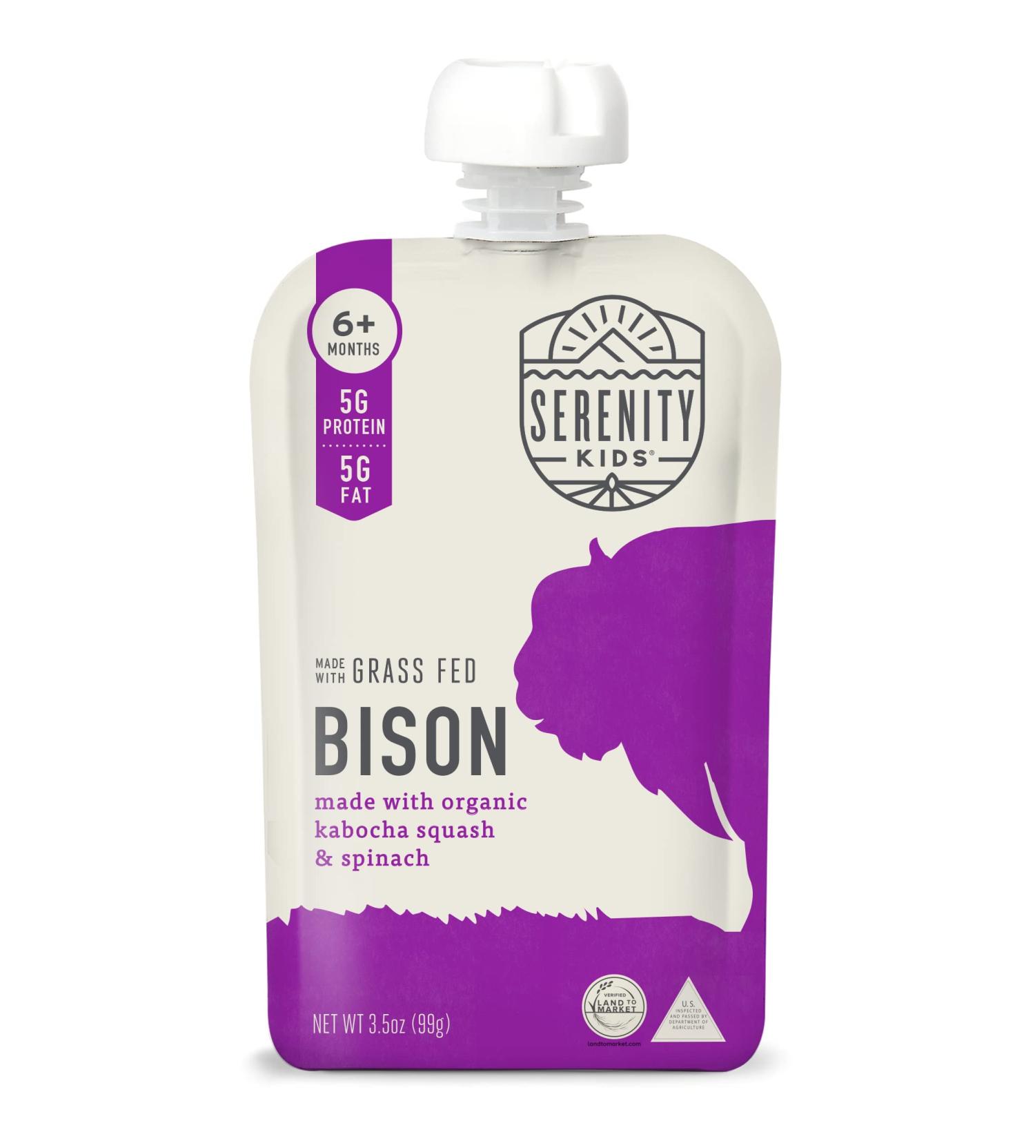 Serenity Kids Baby Food 6+ Months 100% Grass Fed Bison with Organic Kabocha Squash & Spinach 3.5 oz (99 g)