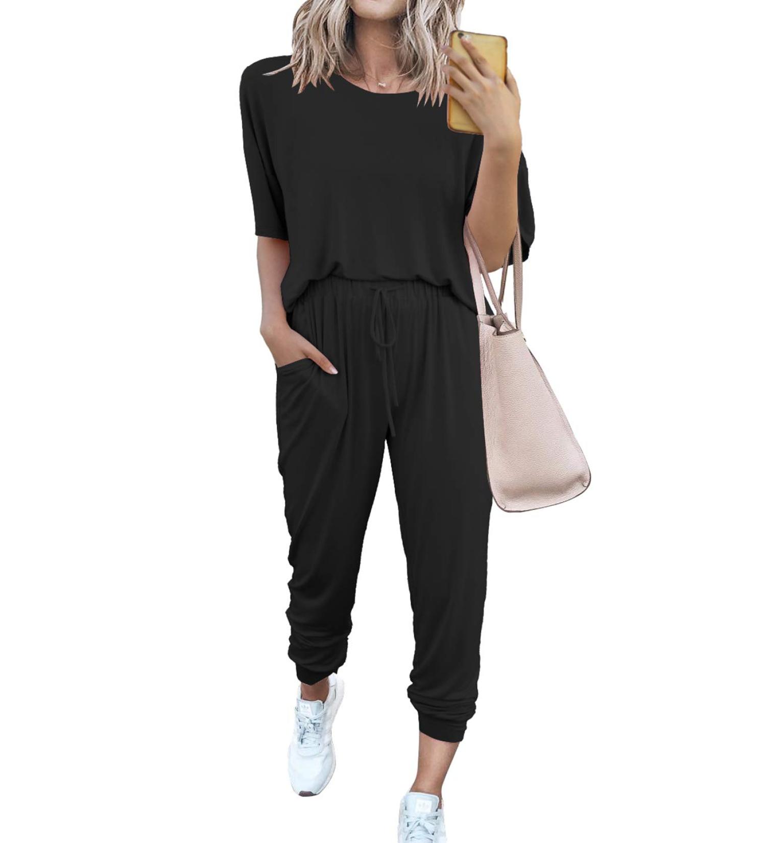 PRETTYGARDEN Women's Short Sleeve Pullover with Long Pants Tracksuit Set - Black - Size Medium - Buy Online on SooperMarket.com