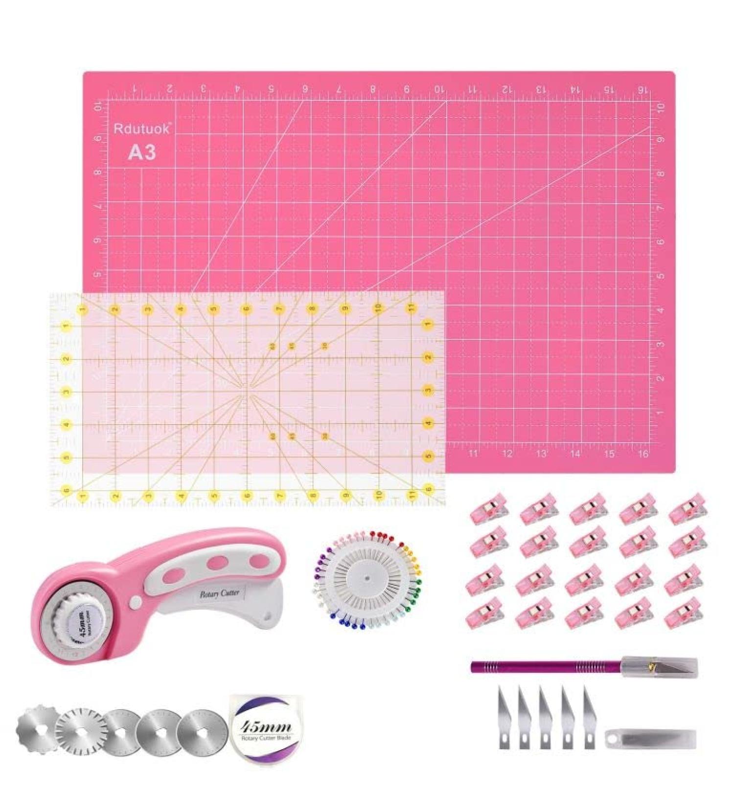 Rdutuok 45mm Rotary Cutter Set with 5 Replacement Blades, A3 Cutting Mat, Acrylic Ruler, Sewing Pins, Craft Knife, and Clips - Perfect for Sewing, Crafting, and Patchworking - Buy Online on SooperMarket.com