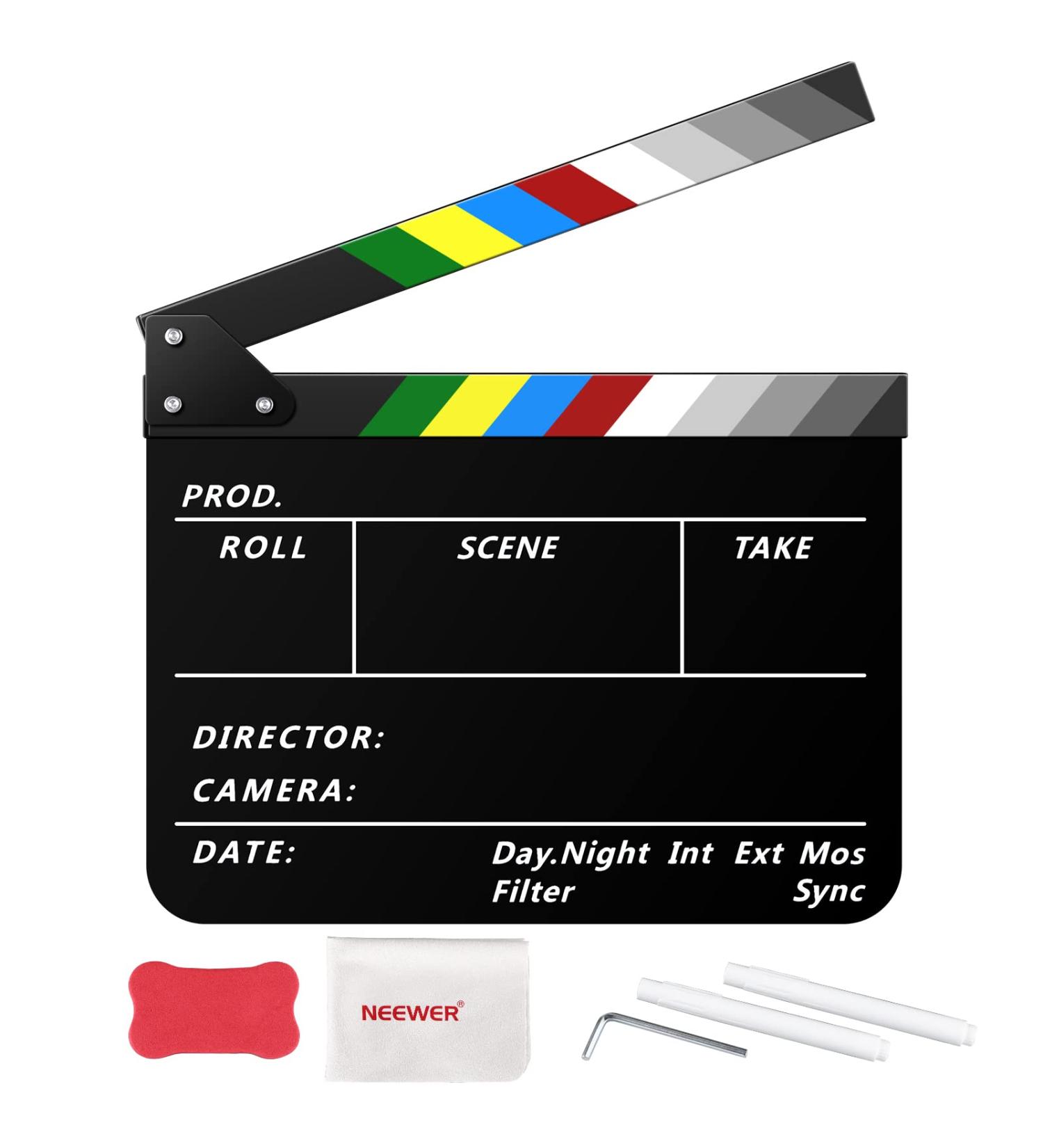 NEEWER Acrylic Film Directors Clapper Board Kit - 12x10 Cut Action Scene Clapboard with Magnetic Eraser, 2 Pens, Cleaning Cloth & Hex Key - Buy Online on SooperMarket.com