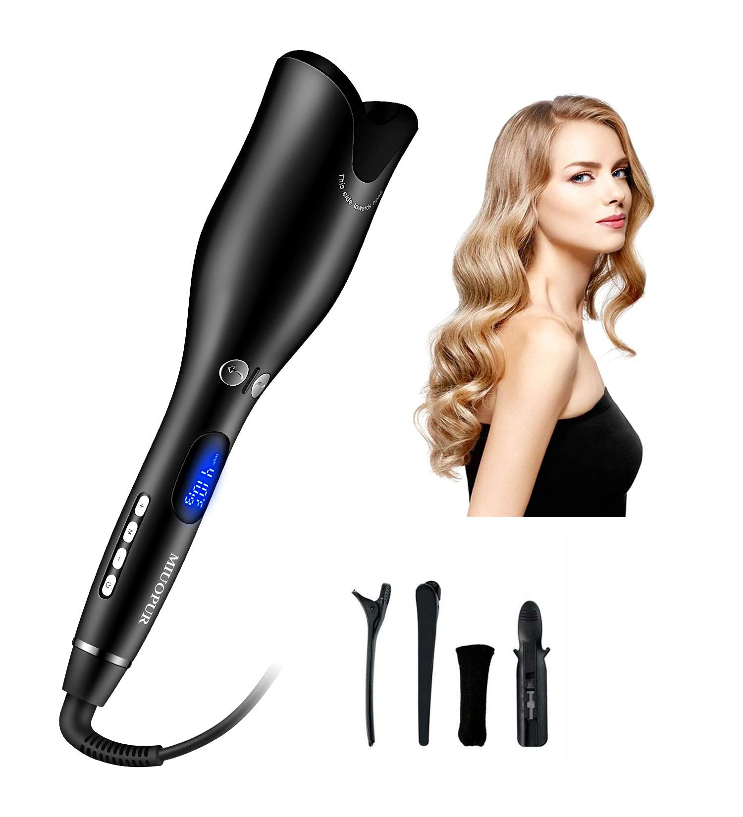 MIUOPUR Automatic Hair Curling Iron - Smart Auto Rotating Curling Wand with Ceramic Ionic Barrel & Temperature Display - Professional Styling Tool in Black - Buy Online on SooperMarket.com
