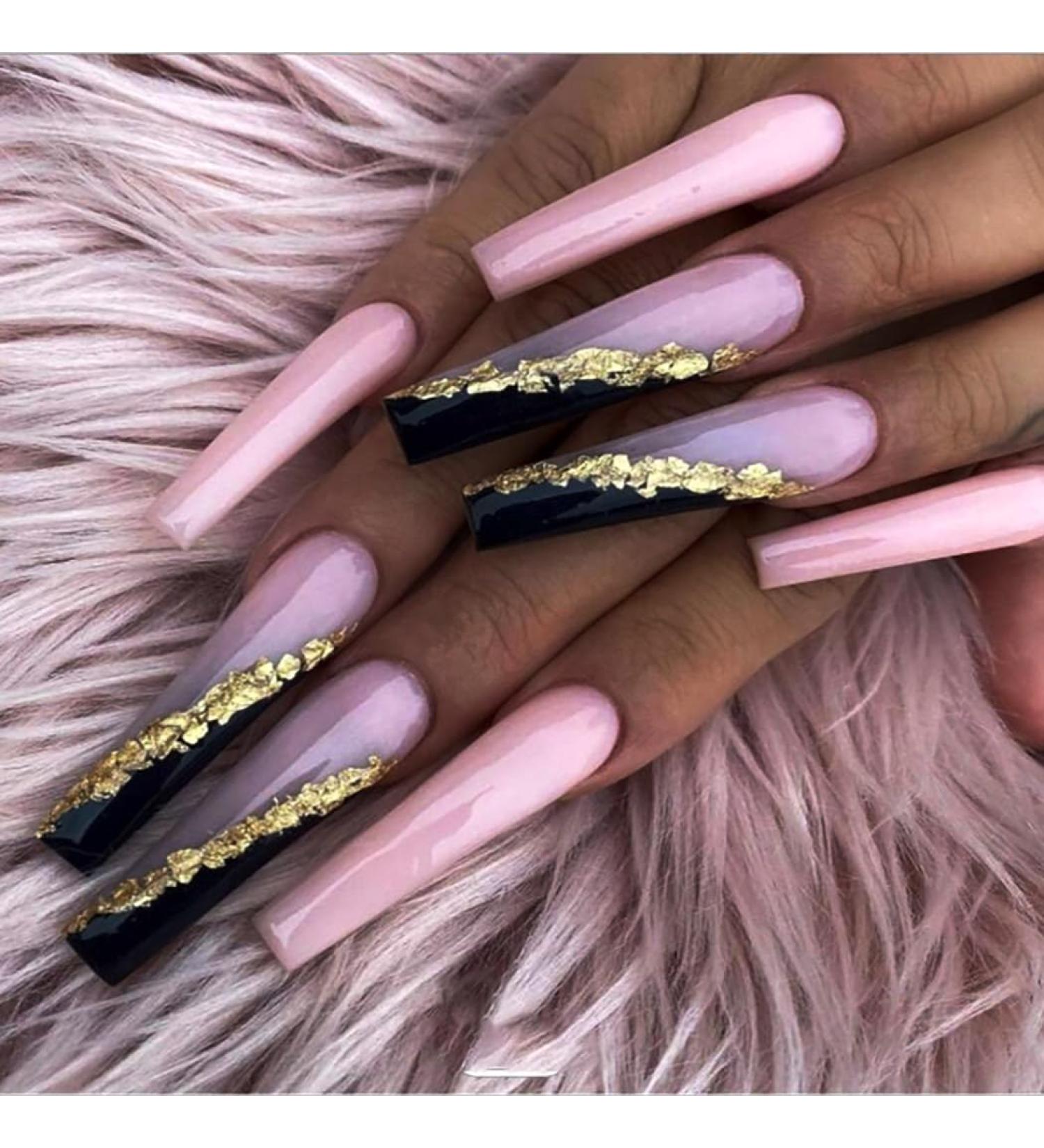Brishow French Press-On Nails - Long Ballerina Acrylic with Gold Glitter 24-Piece Set for Women & Girls - Buy Online on SooperMarket.com