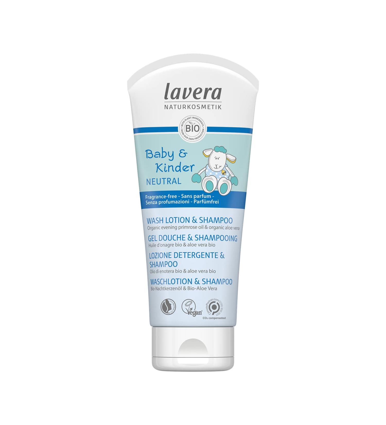 lavera Baby & Kids Neutral Wash Lotion & Shampoo with organic evening primrose oil & organic aloe vera cleanses particularly gently with mild surfactants & protects the skin from drying out natural cosmetics vegan