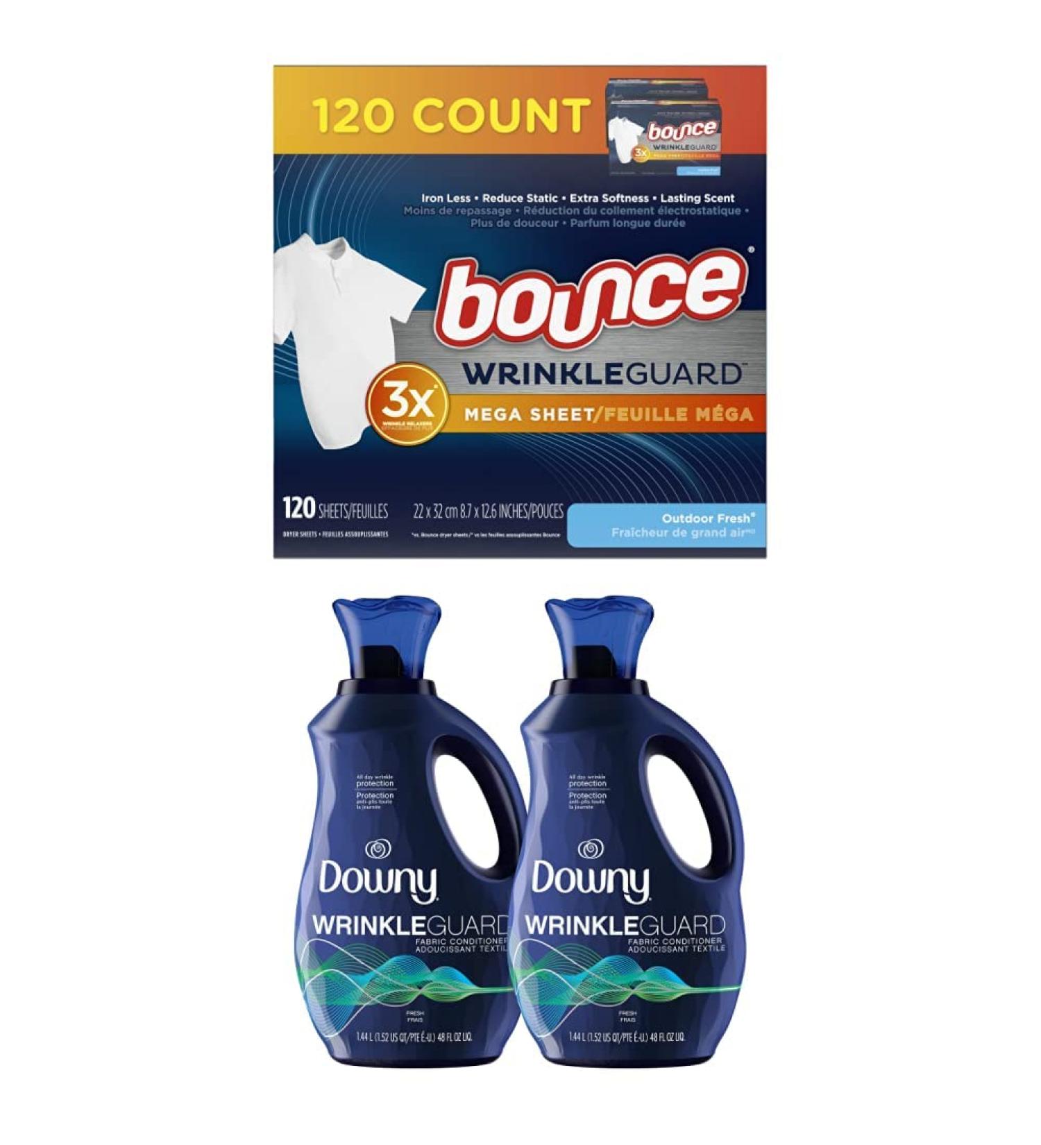 Bounce WrinkleGuard Mega Dryer Sheets 120ct + Downy Wrinkleguard Fabric Softener Pack of 2 - Fresh Scent - 192 Loads - Buy Online on SooperMarket.com