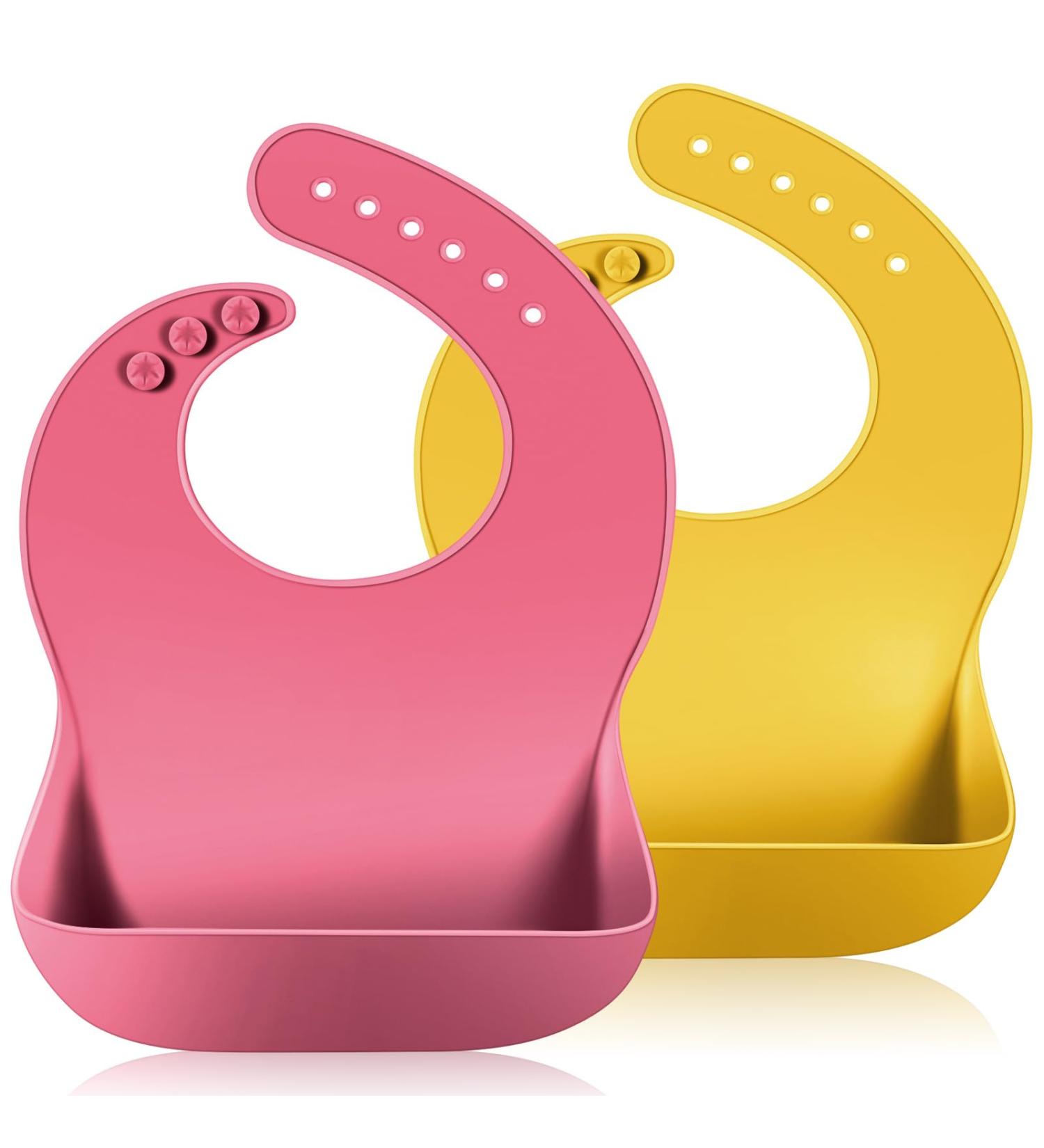 Vicloon Silicone Baby Bib 2PCS - Waterproof, Adjustable Feeding Bibs with Food Catcher Pocket - Pink-Yellow, Unisex Toddler Bibs - Buy Online on SooperMarket.com