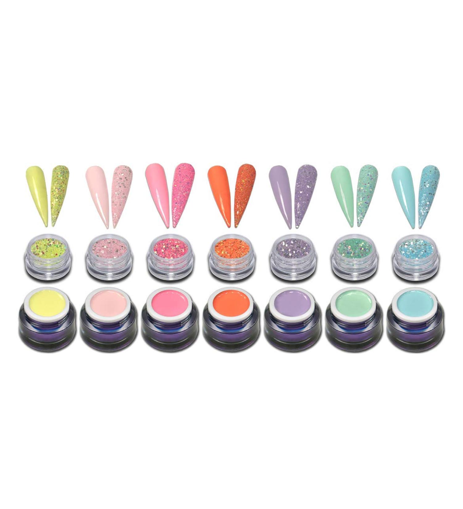 7x5ml Premium Color Gel 7x Glitter Powder Set Spring Pastel Colors Pink Yellow Pink Nail Gel