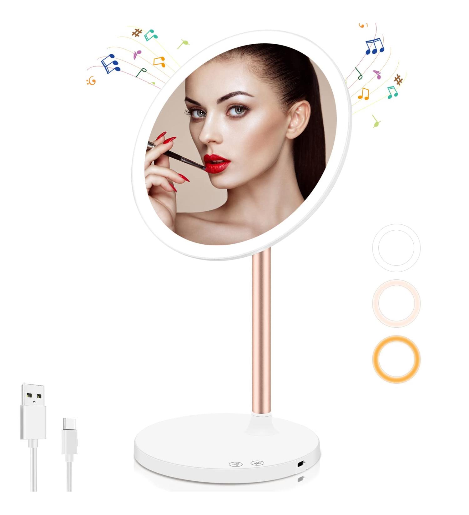 LED Vanity Makeup Mirror with Bluetooth & Smart Touch | 3 Color Dimmable & USB Rechargeable | 45 Rotatable Design (White) - Ideal for Makeup Desk - Buy Online on SooperMarket.com