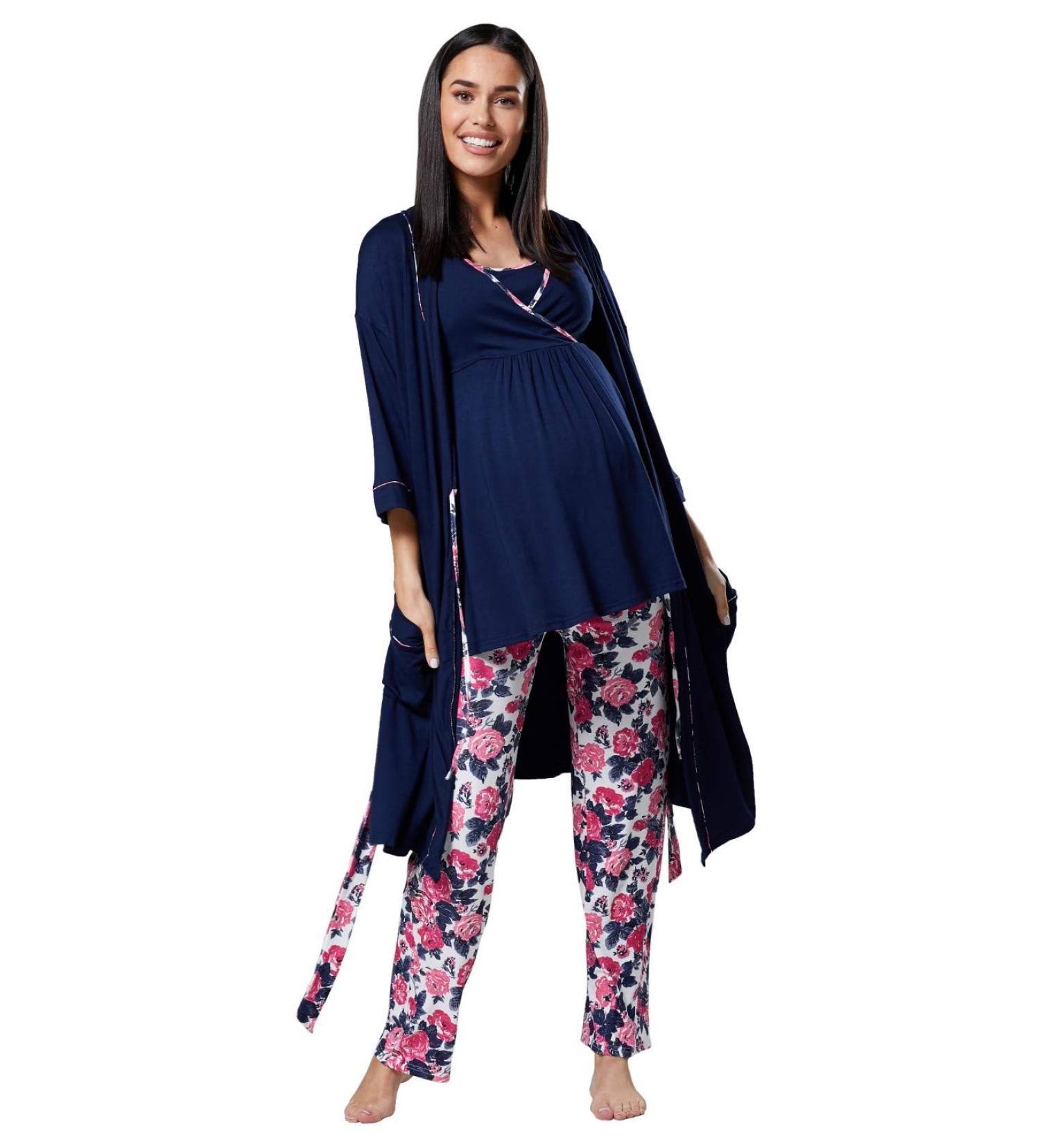 Happy Mama Maternity Nursing Nightwear Set - 3 Piece Navy and Ecru with Flowers | Pants, Top, Robe 558p - Buy Online on SooperMarket.com
