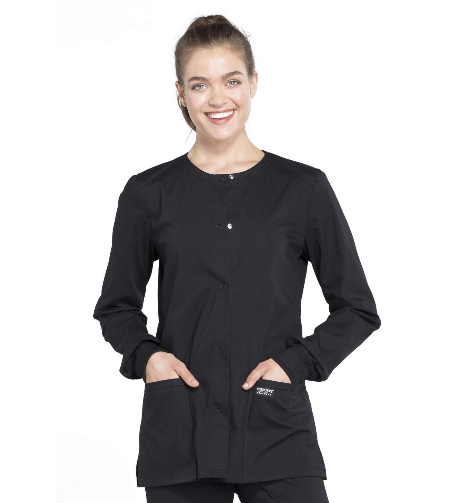 Women's Workwear Professional Snap Front Scrub Jacket - Soft Stretch Material - Medium, Black - WW340 - Buy Online on SooperMarket.com