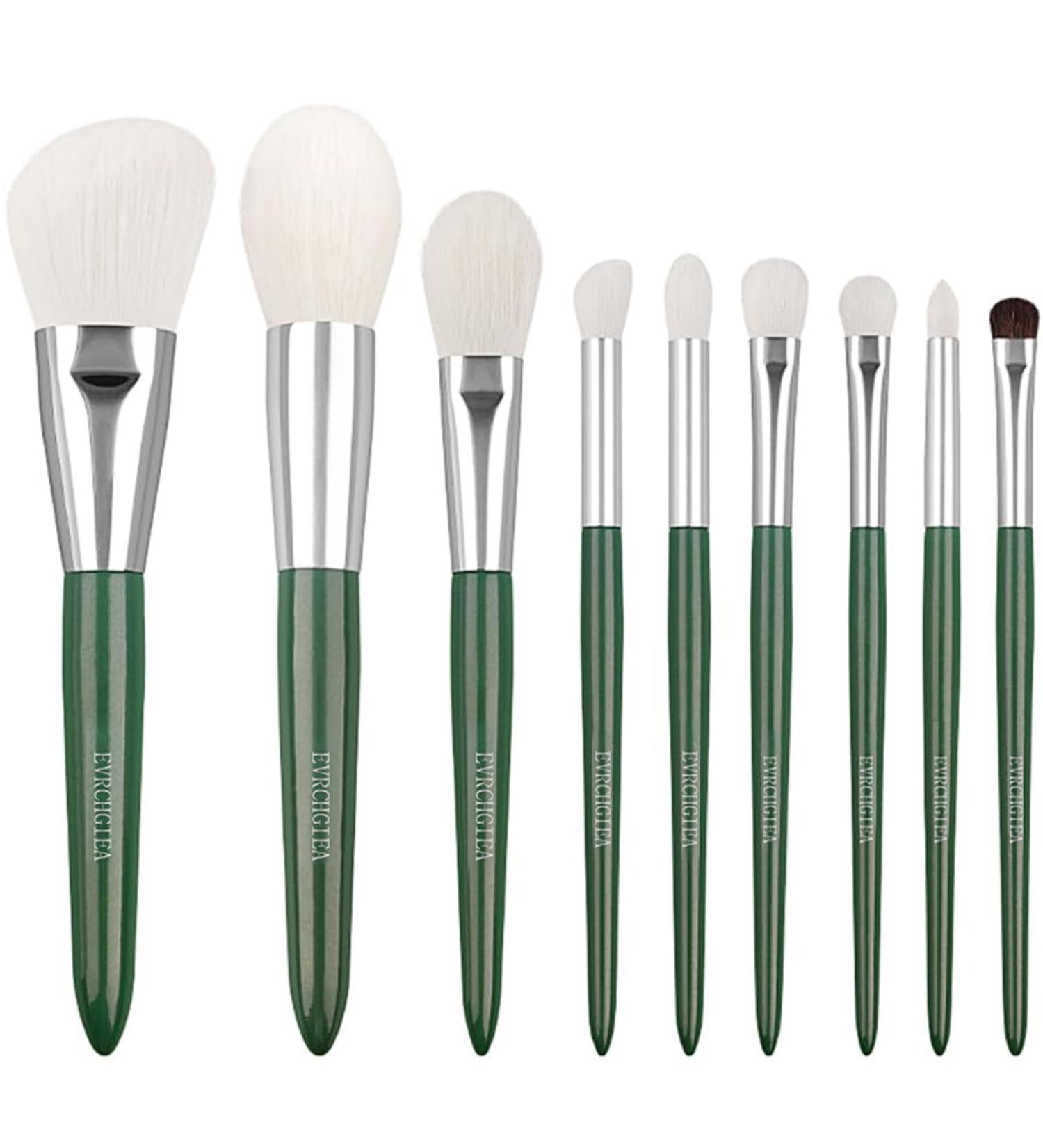 Natural Goat Hair Makeup Brushes Set - 9 Piece Ultra Soft Face & Eye Brushes for Foundation Concealer Blush Contour & Eyeshadow - Perfect Travel Kabuki Set (Green - Buy Online on SooperMarket.com