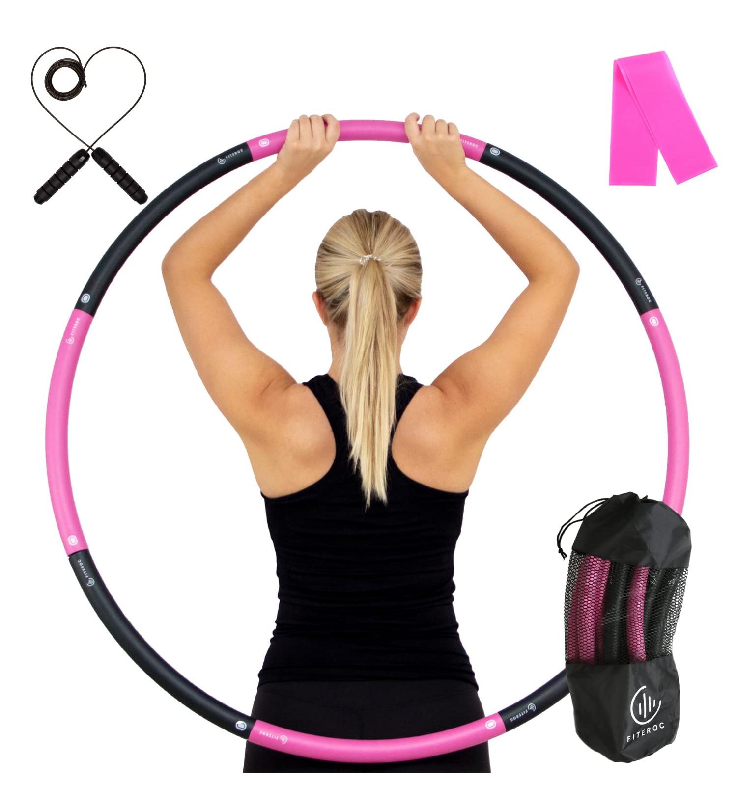 Fiteroc Weighted Fitness Hula Hoop for Adults - Detachable & Portable - Includes Jump Rope, Resistance Band, Carry Bag - Black/Pink - Buy Online on SooperMarket.com
