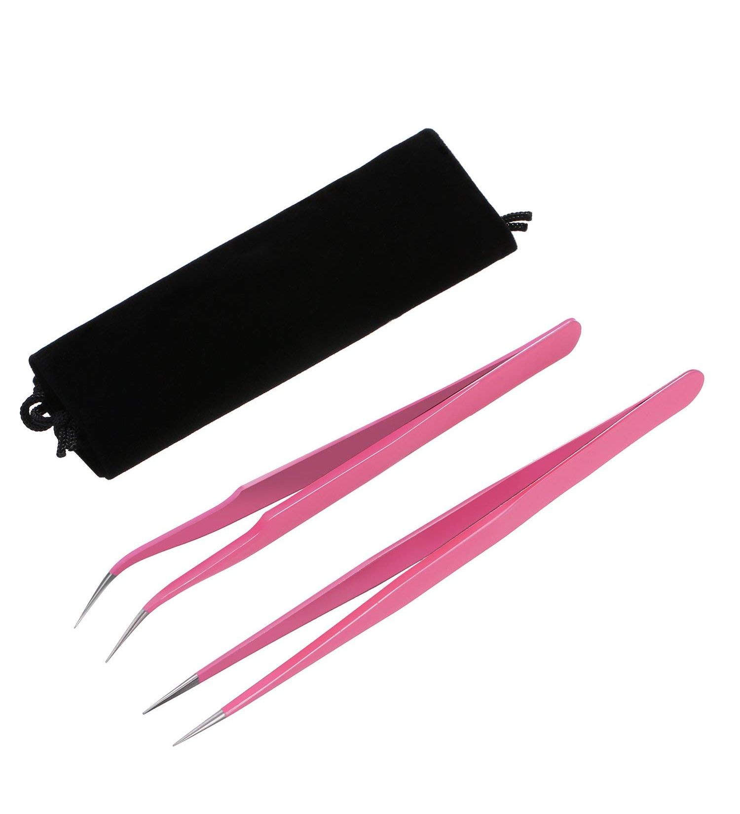 Quesuc 2 Pieces Straight and Curved Tip Tweezers Nipper for Eyelash Extensions Pink Stainless Steel False Lash Application Tools - Buy Online on SooperMarket.com