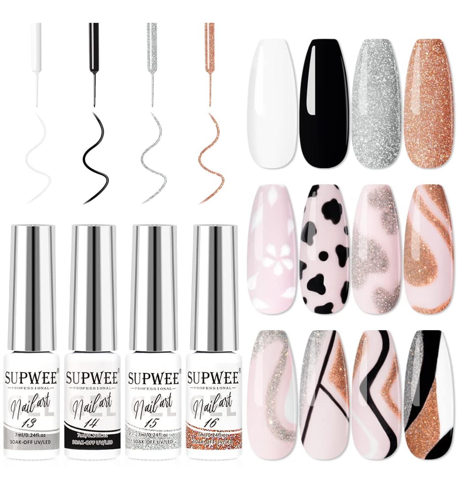 Supwee 4-Color Nail Art Liner Gel Polish Set - White Black Silver Champagne | Reflective Glitter UV Gel for Stunning Nail Designs - Buy Online on SooperMarket.com