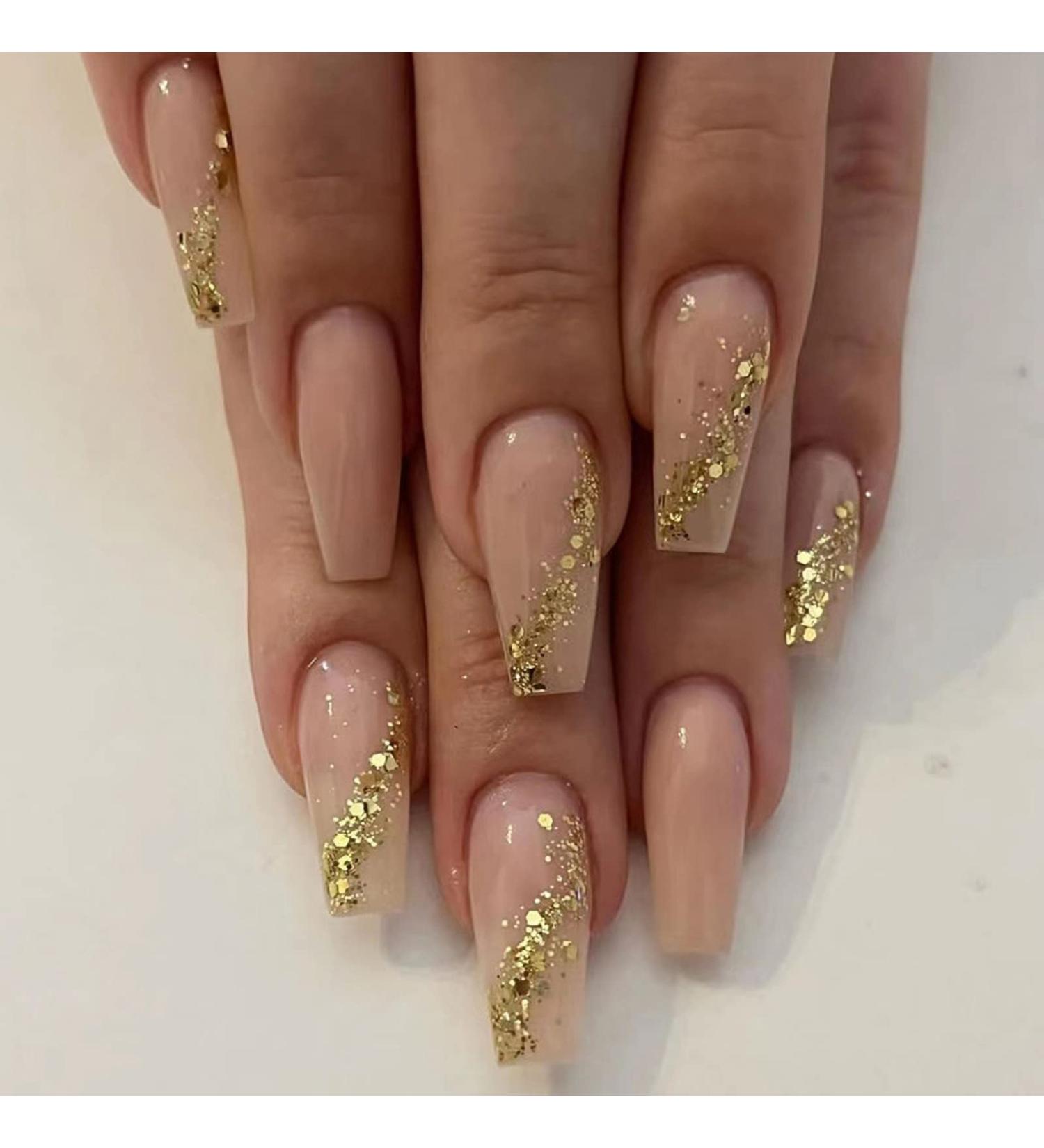 MISUD 24pcs Long Coffin Press on Nails - Bling Gold Glitter & Elegant Nude Pink Gel False Nails with Design - Buy Online on SooperMarket.com