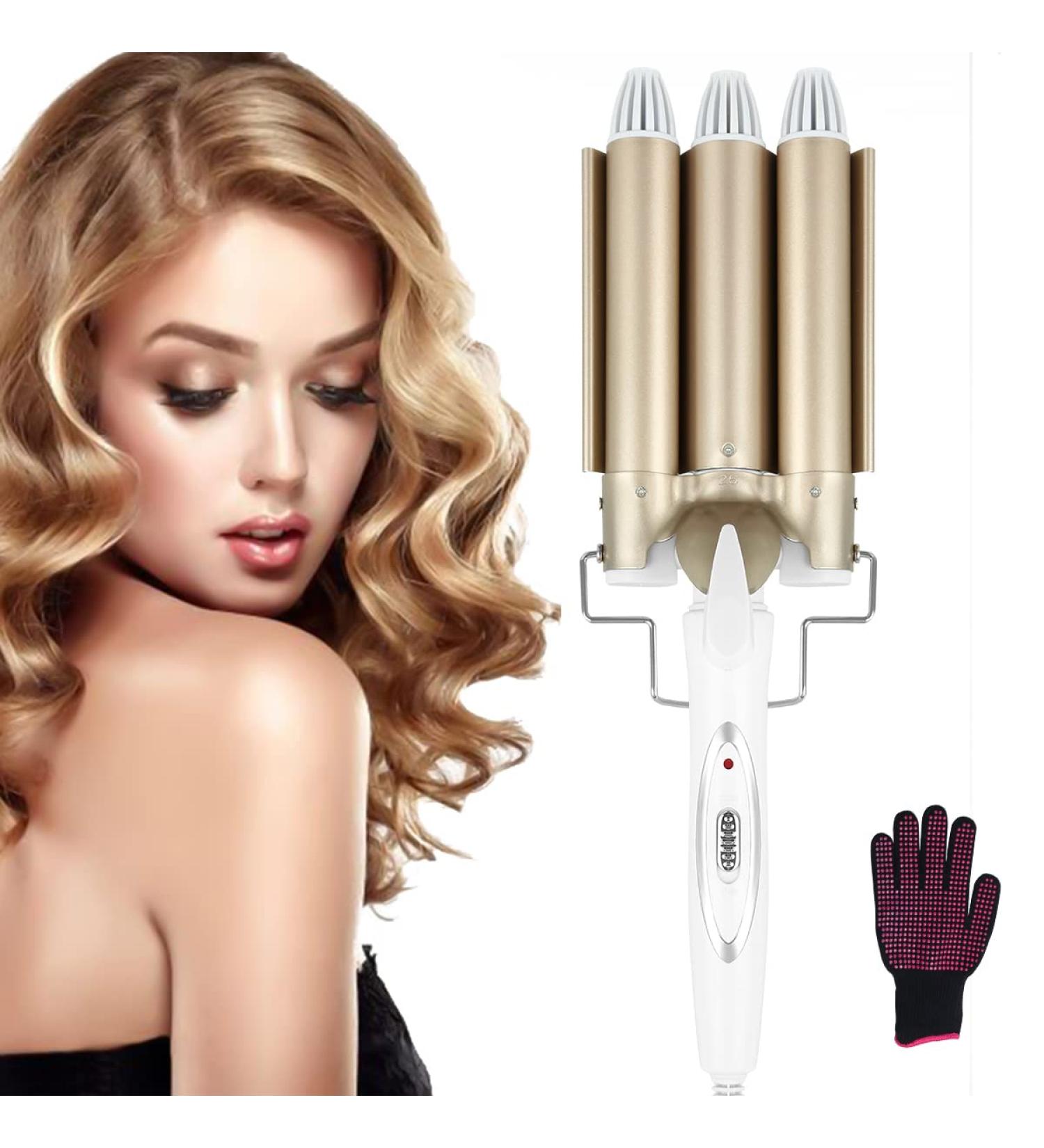 Ten-Tatent 3 Barrel Hair Waver Curling Iron 25mm - 2 Temperatures - Quick Heating - for Long or Short Hair Styling - Heat Resistant Glove - Gold - Buy Online on SooperMarket.com