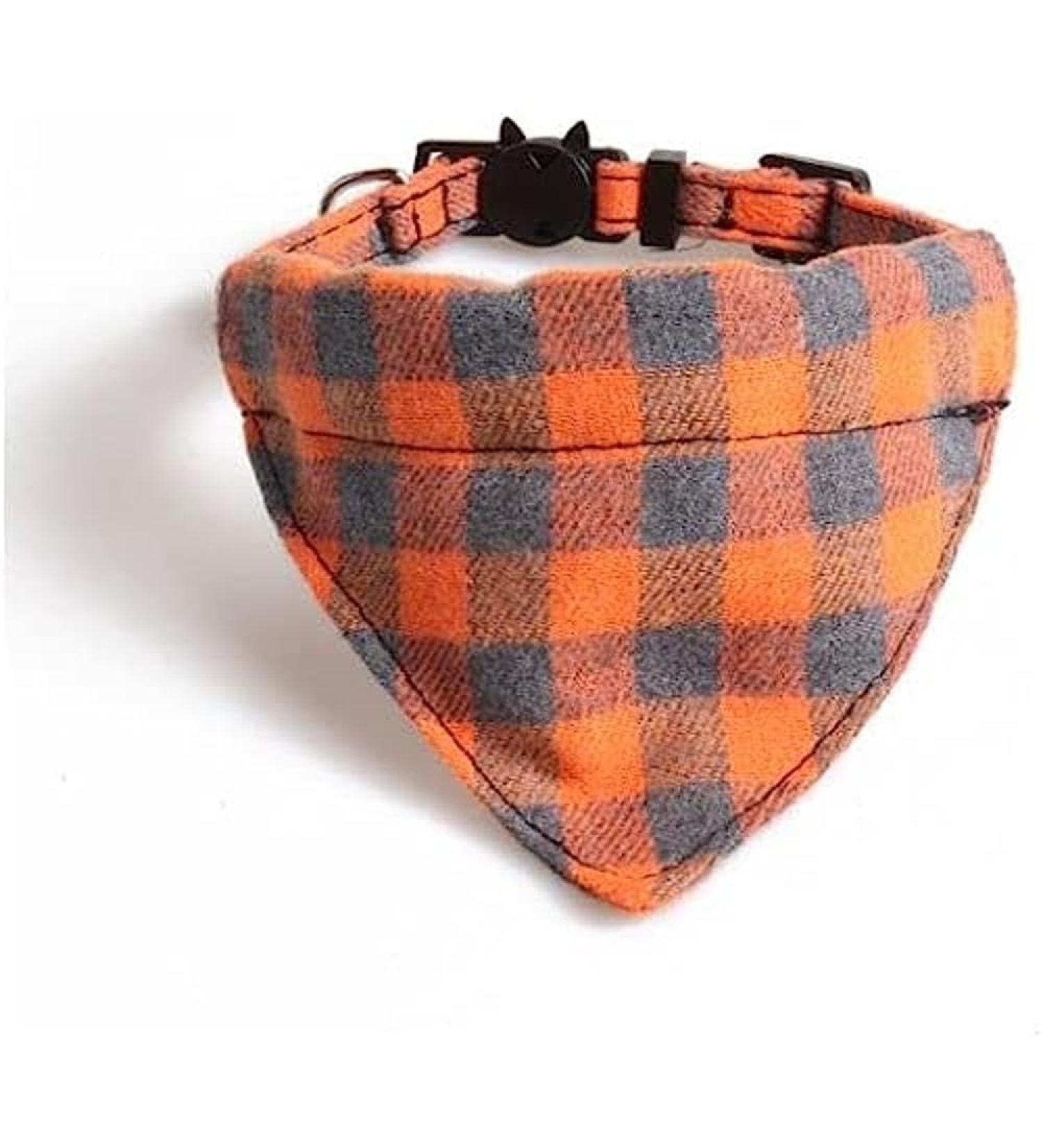 Luxury Cat Collar with Bow Tie and Bell | Orange & Grey Chequered Bandana - Buy Online on SooperMarket.com