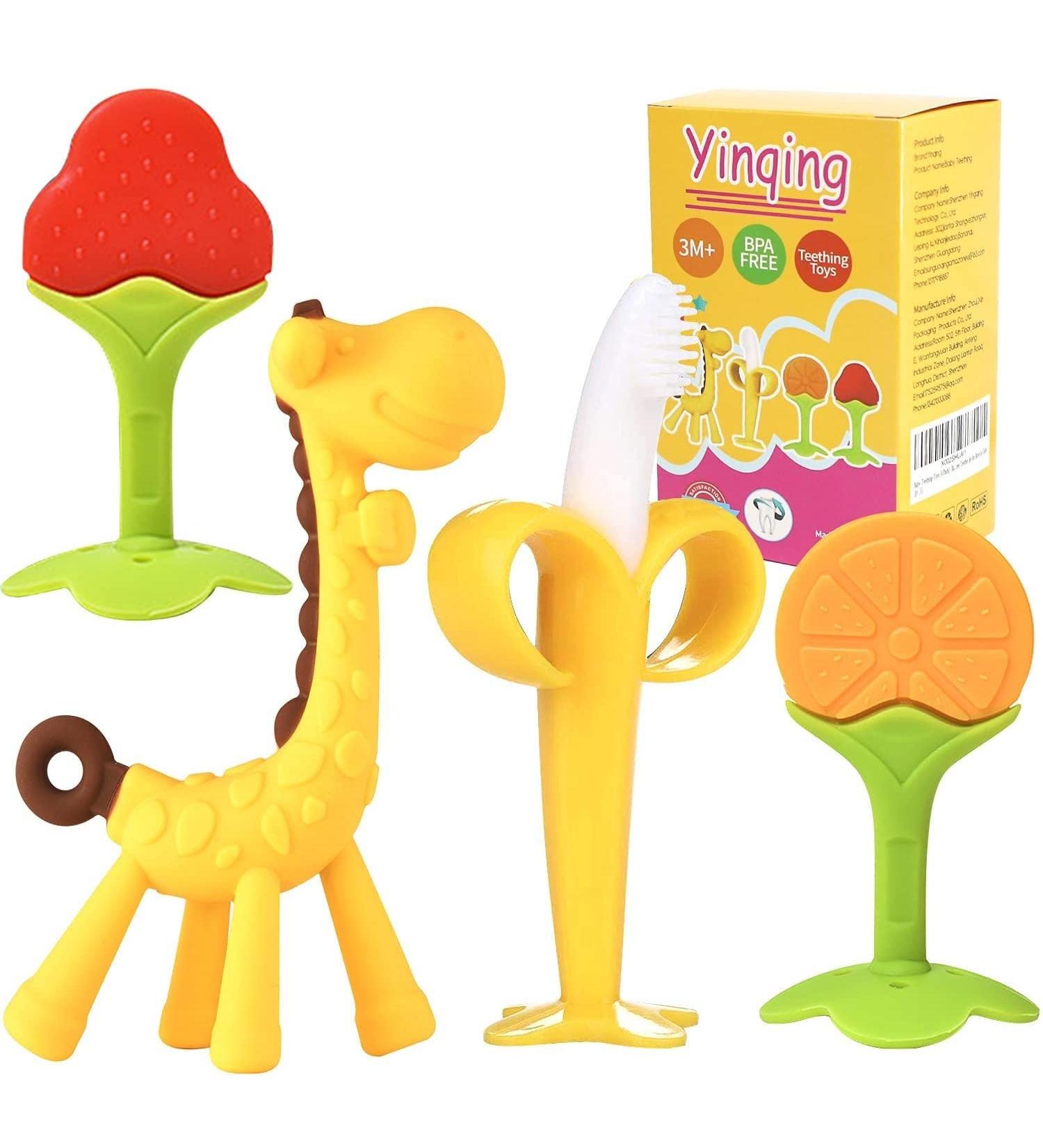 Silicone Baby Teething Toys Set - BPA-Free Banana & Giraffe Teether with Storage Case - Soothes Baby's Gums - Fruit Shape - 4 Pack - Buy Online on SooperMarket.com