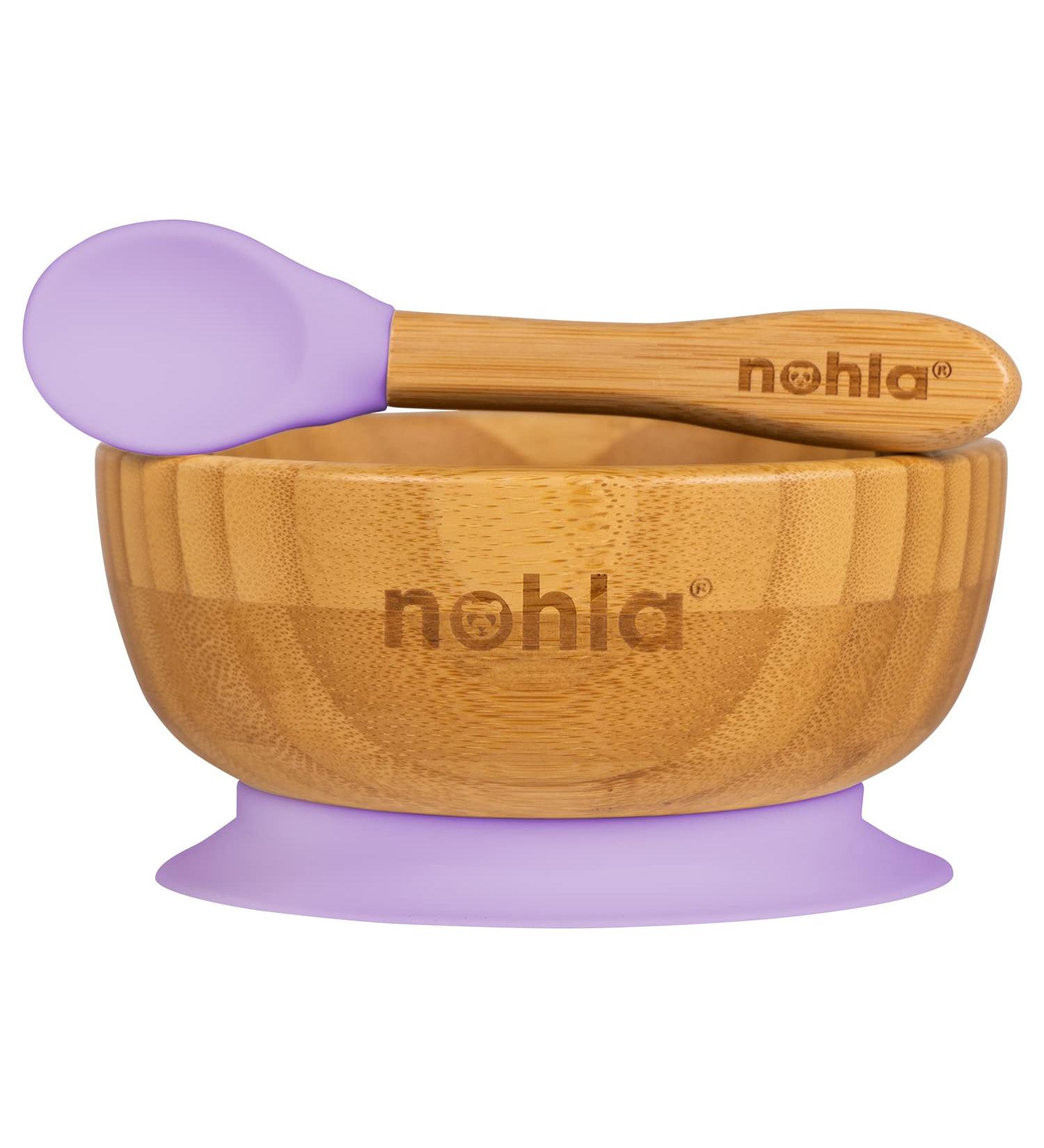 nohla - Bamboo Baby Weaning Suction Bowl and Spoon Set - Lilac - 350ml Capacity - 100% Natural & Organic BPA-Free Silicone - Toddler Mealtime Essentials Lilac Bowl
