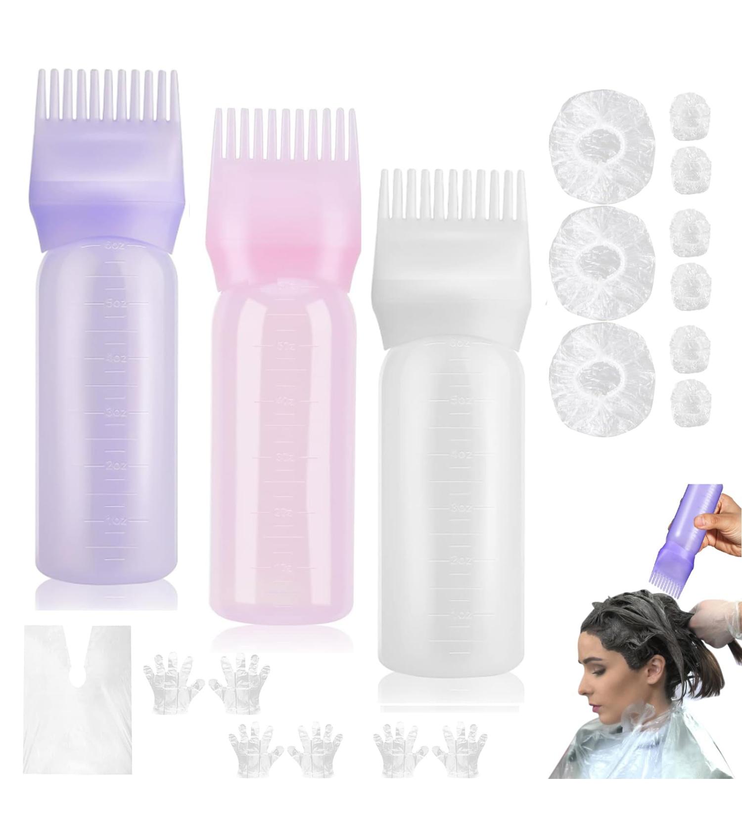 3Pcs Root Comb & Hair Dye Applicator Bottle Set | No Leakage Hair Tools - 6OZ with Graduated Scale | Multi-Coloured - Buy Online on SooperMarket.com