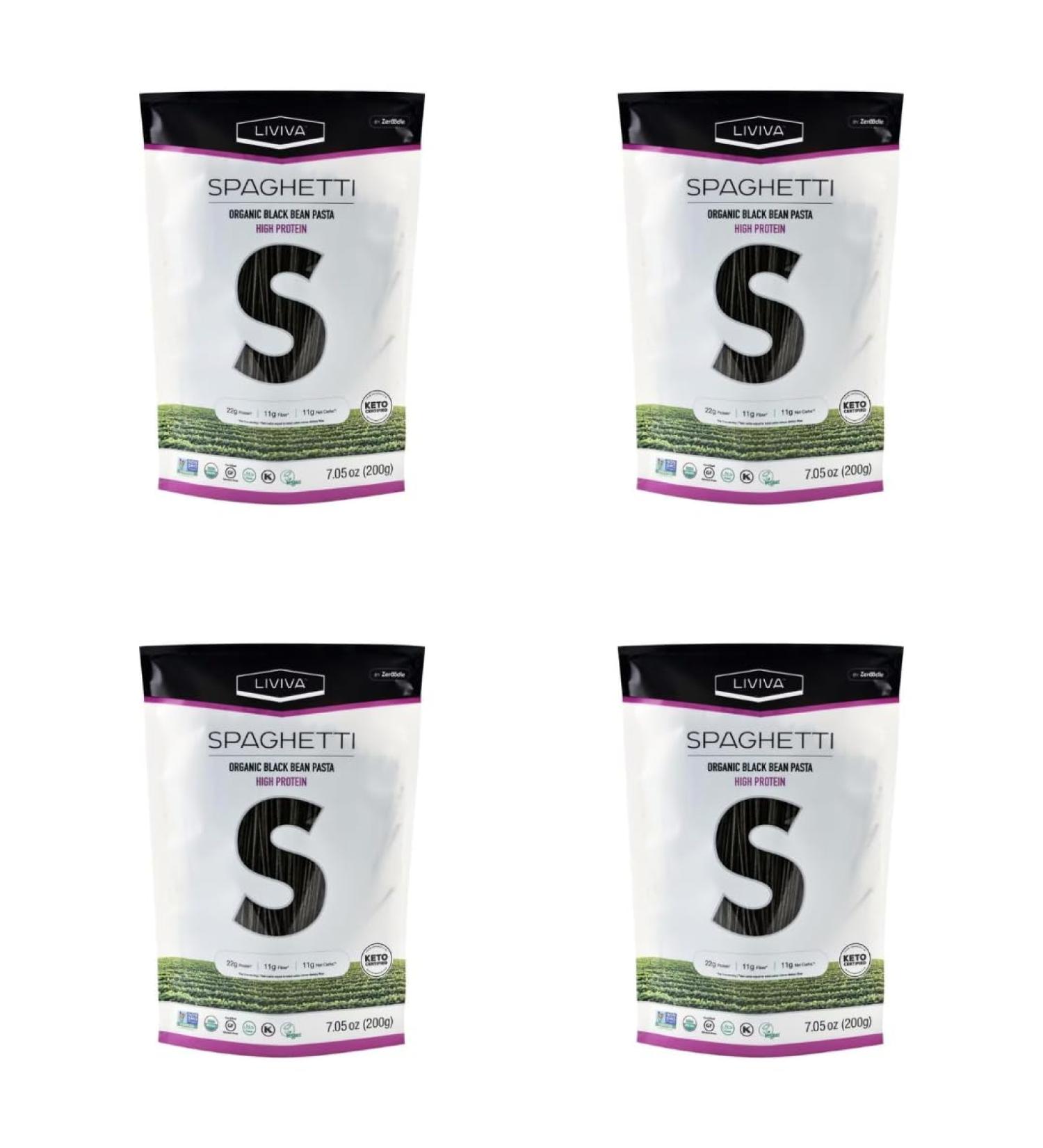 LIVIVA Organic Black Bean Spaghetti Pasta (4 Pack 88 g Protein per Bag) High Protein Noodles Diabetic Friendly Keto Vegan Halal Kosher Non-GMO Nutritious Plant-Based Plant-Based Protein Pasta Ready-to-Eat in minutes Gluten Free Noodle