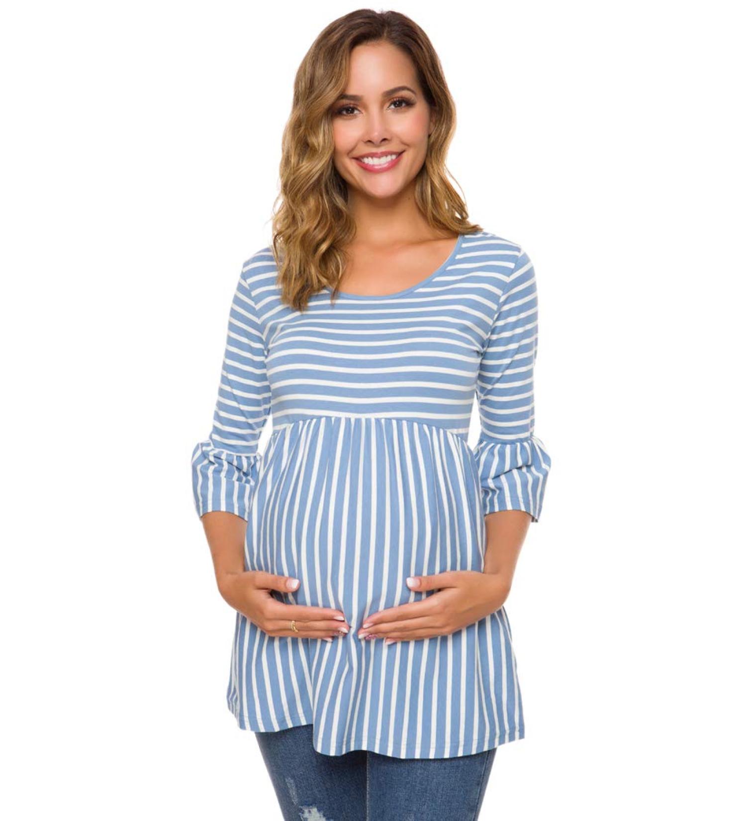 Love2Mi Maternity Blouse - A-Line Pregnancy Shirt - 3/4 Bell-Sleeve - Sky Blue Stripe - Size L - Buy Online on SooperMarket.com