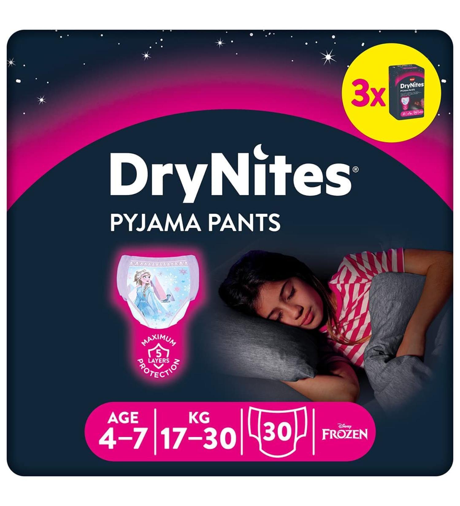 Buy Huggies Drynites Absorbent Night Diapers for Girls (4-7 years 17-30 kg) - Monthly Box of 30 Pants - Comfortable Bedwetting Solution - Buy Online on SooperMarket.com