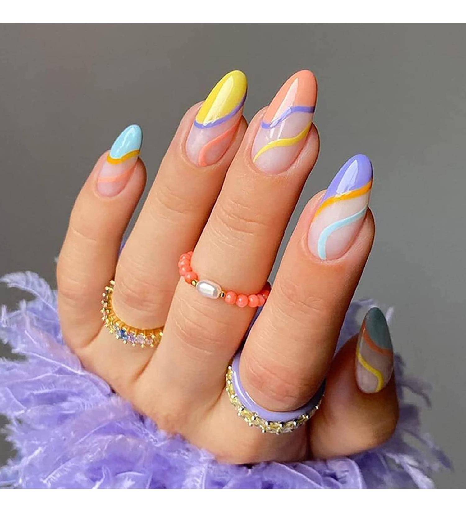 Buy Justotry 24-Piece Multi-Colored Almond & French Artificial Nails | Press-On Acrylic Fingernails for Women - Rainbow Swirl Design - Buy Online on SooperMarket.com