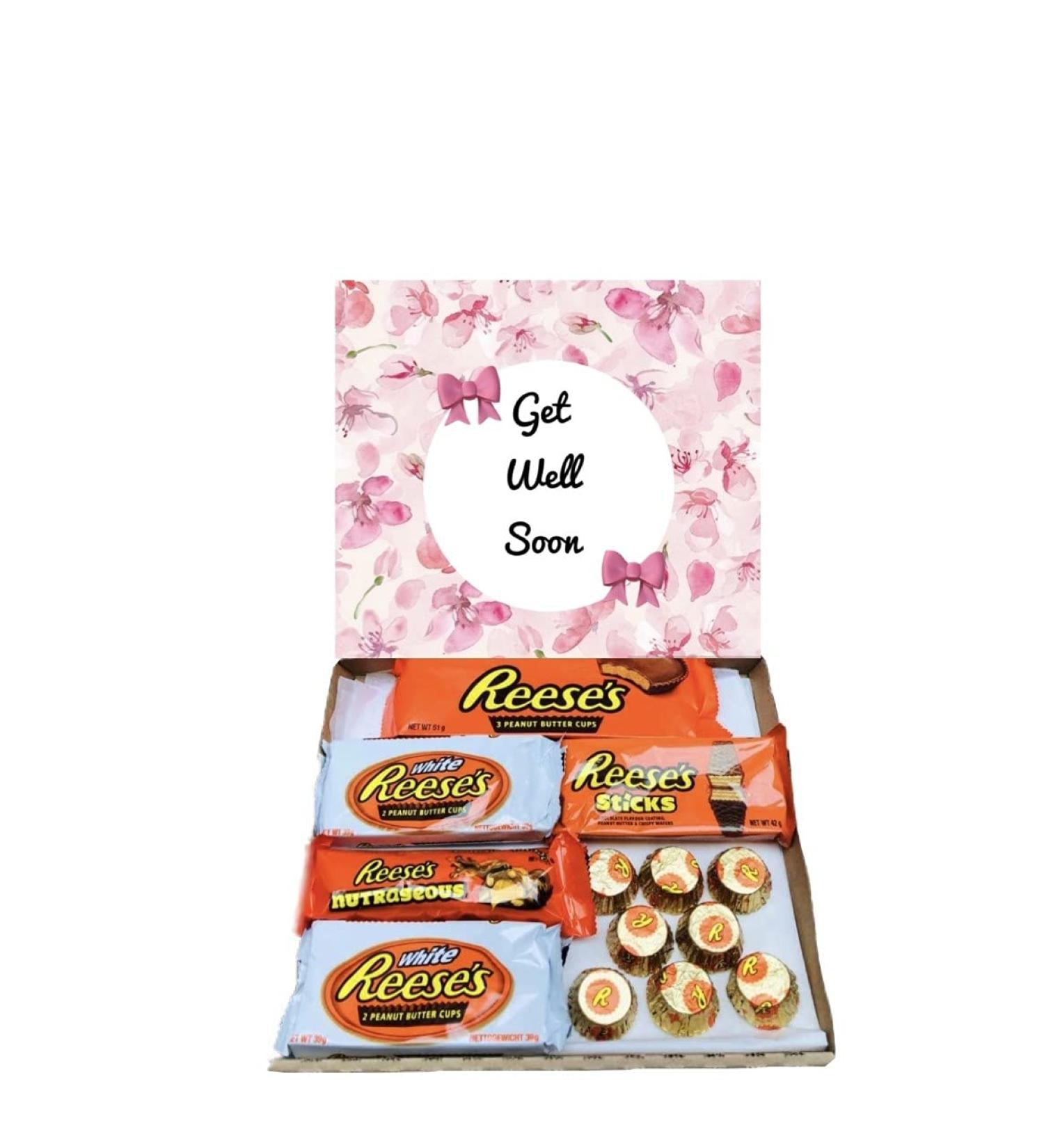 Get Well Soon Pink Reeses Nutty Peanut Butter Sweet Box Hamper Gift Present - Buy Online on SooperMarket.com