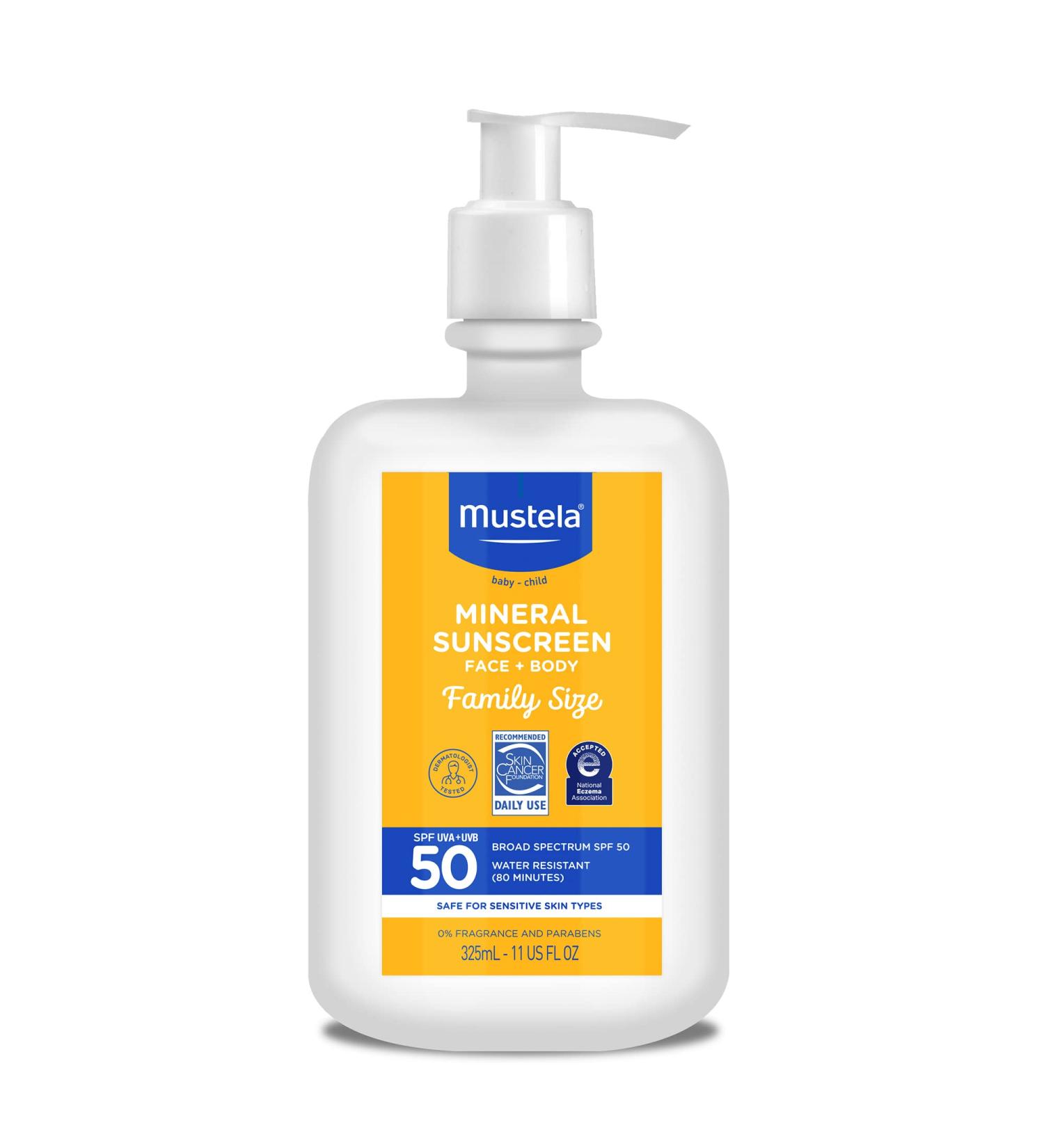 Mustela Baby Mineral Sunscreen Lotion SPF 50 - Fragrance Free, Water Resistant, Non-Nano Formula for Sensitive Skin - Broad Spectrum Protection for Face & Body - Family Size 11 Fl Oz - Buy Online on SooperMarket.com