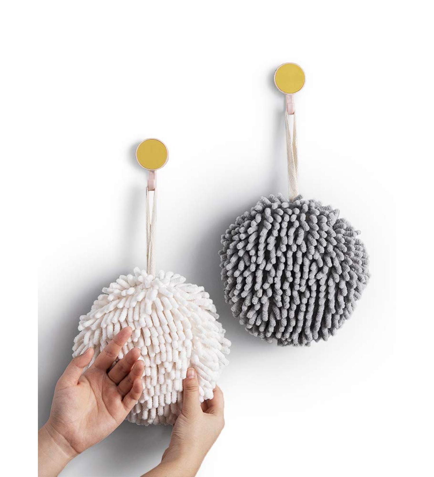 Sophie & Panda Fuzzy Ball Towel Set - White & Gray | Pack of 2 Decorative Bathroom Towels for Instant Hand Drying - Buy Online on SooperMarket.com