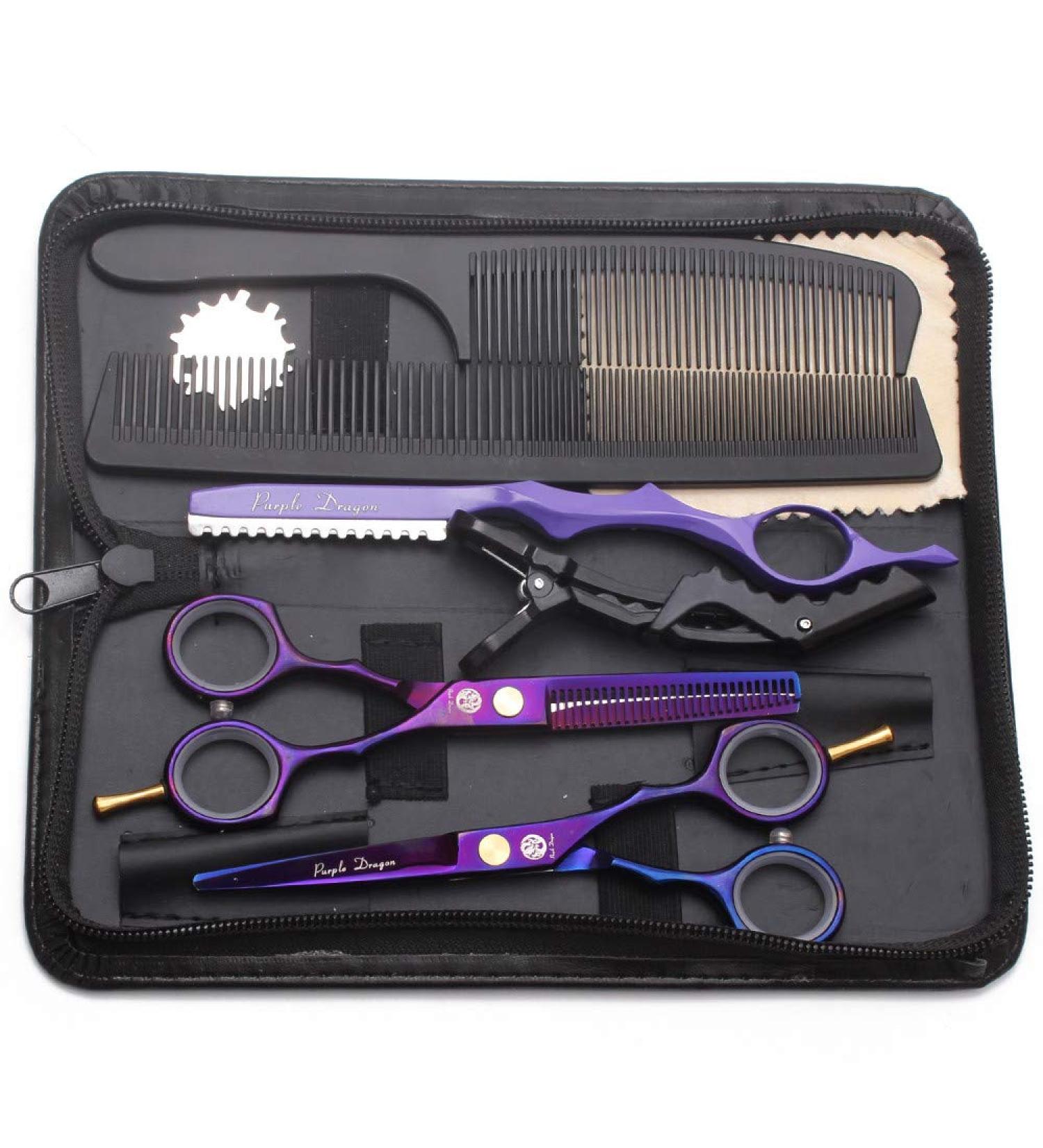 5.5 inch Purple Hair Cutting Scissors Set with Leather Case - Professional Barber Shears for Hairdressers and Home Use - Buy Online on SooperMarket.com