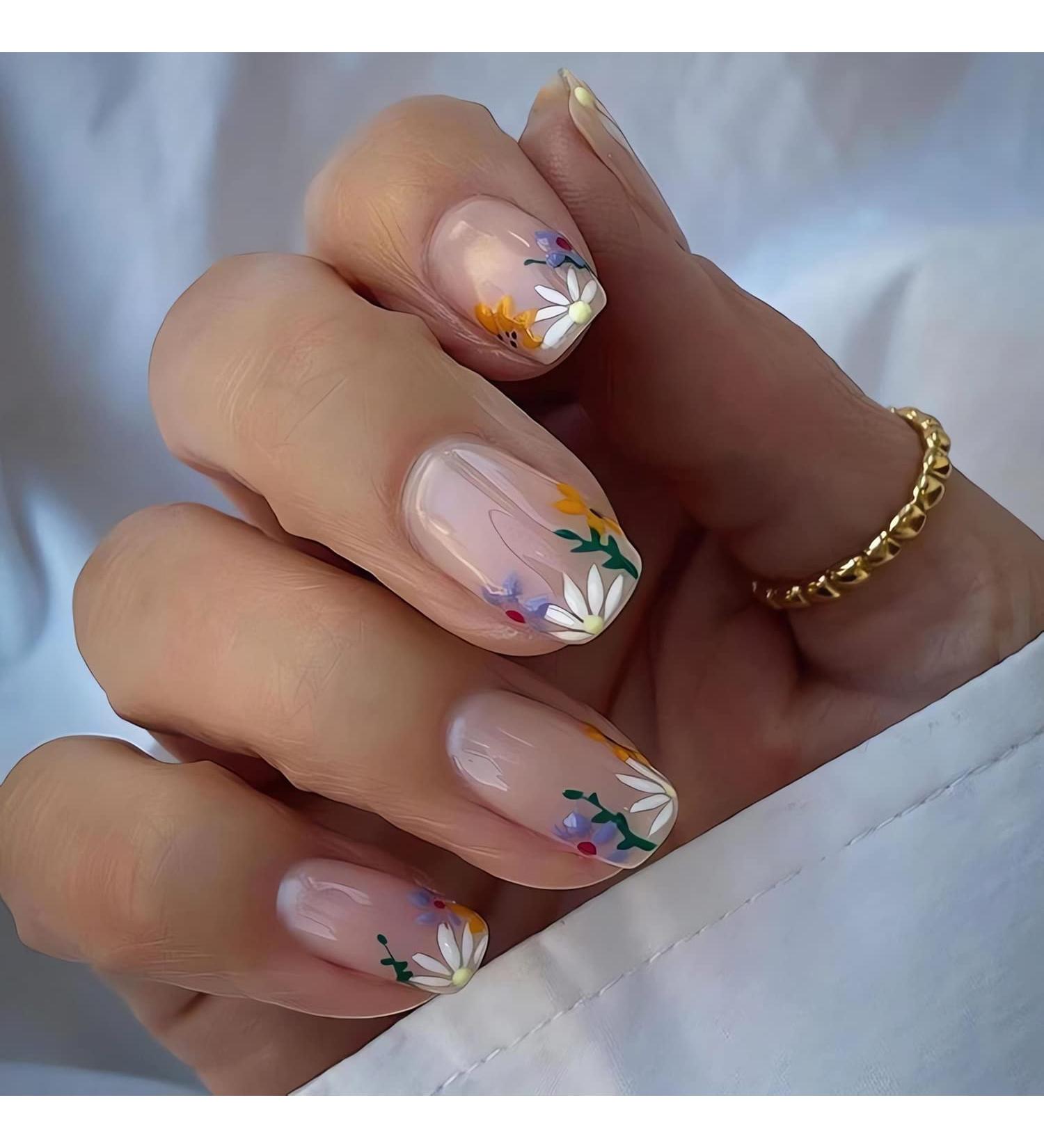 Square Press on Fake Nails 24Pcs Nude Glossy Flower Design - Full Cover Stick on Nails for Women & Girls - Buy Online on SooperMarket.com
