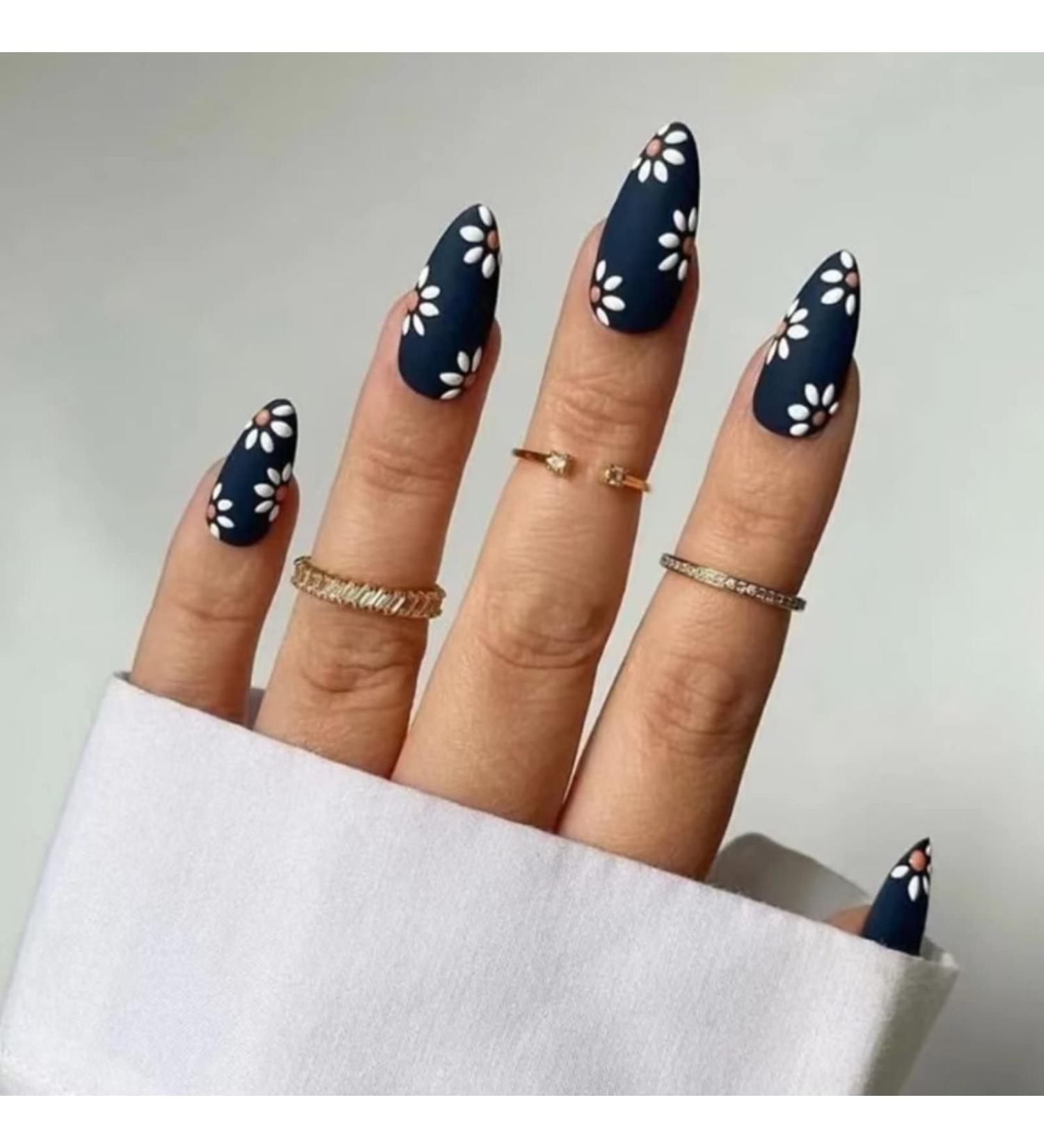 Black Daisy Design Press On Nails - Medium | Full Cover Tips for Women & Girls | Spring/Summer Salon Nail Art - Buy Online on SooperMarket.com