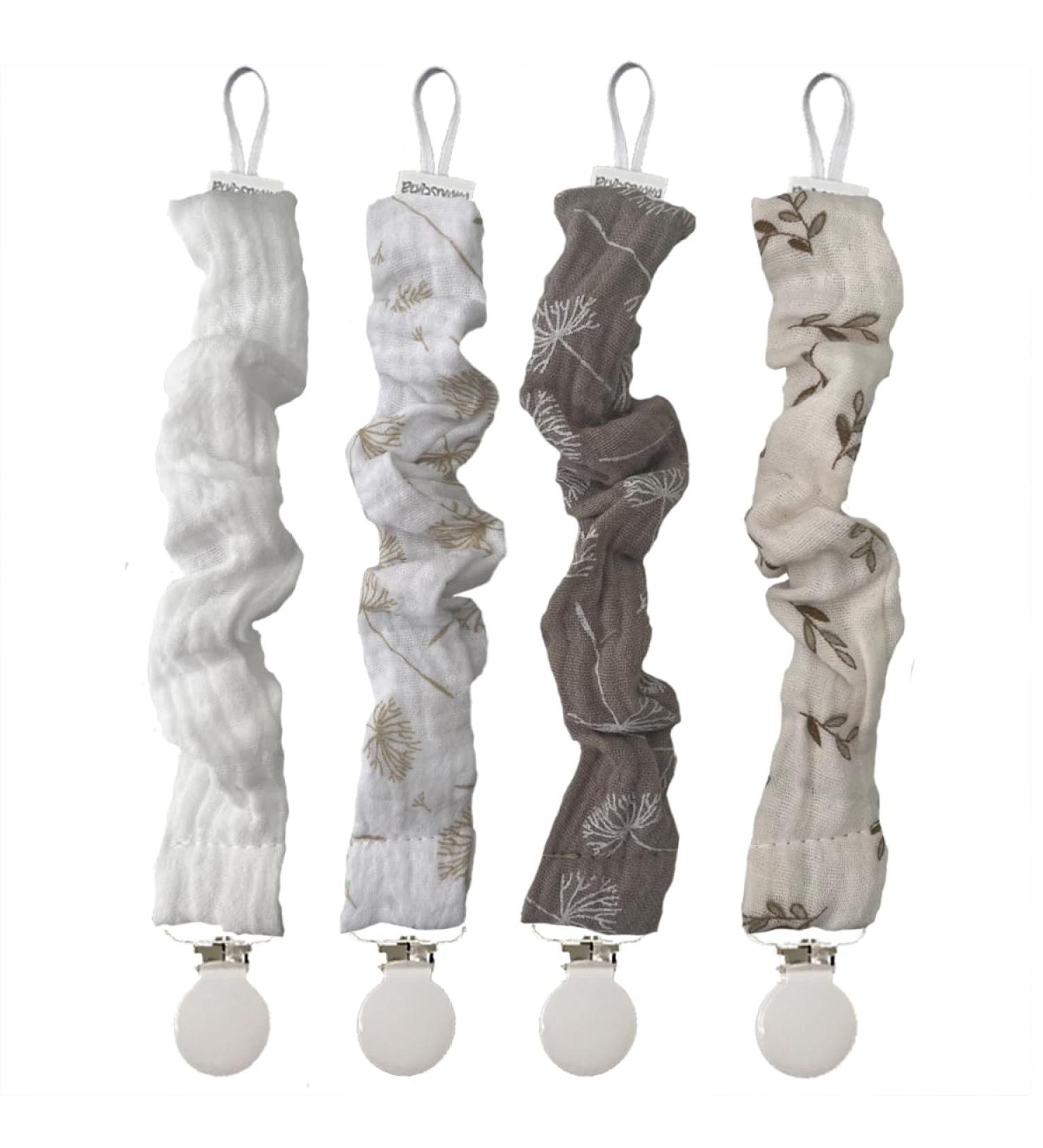 Mimuselina 4-Pack Pacifier Chain with Metal Clip for Babies - Fabric Pacifier Strap & Clip (Neutro) | International Shipping Available - Buy Online on SooperMarket.com
