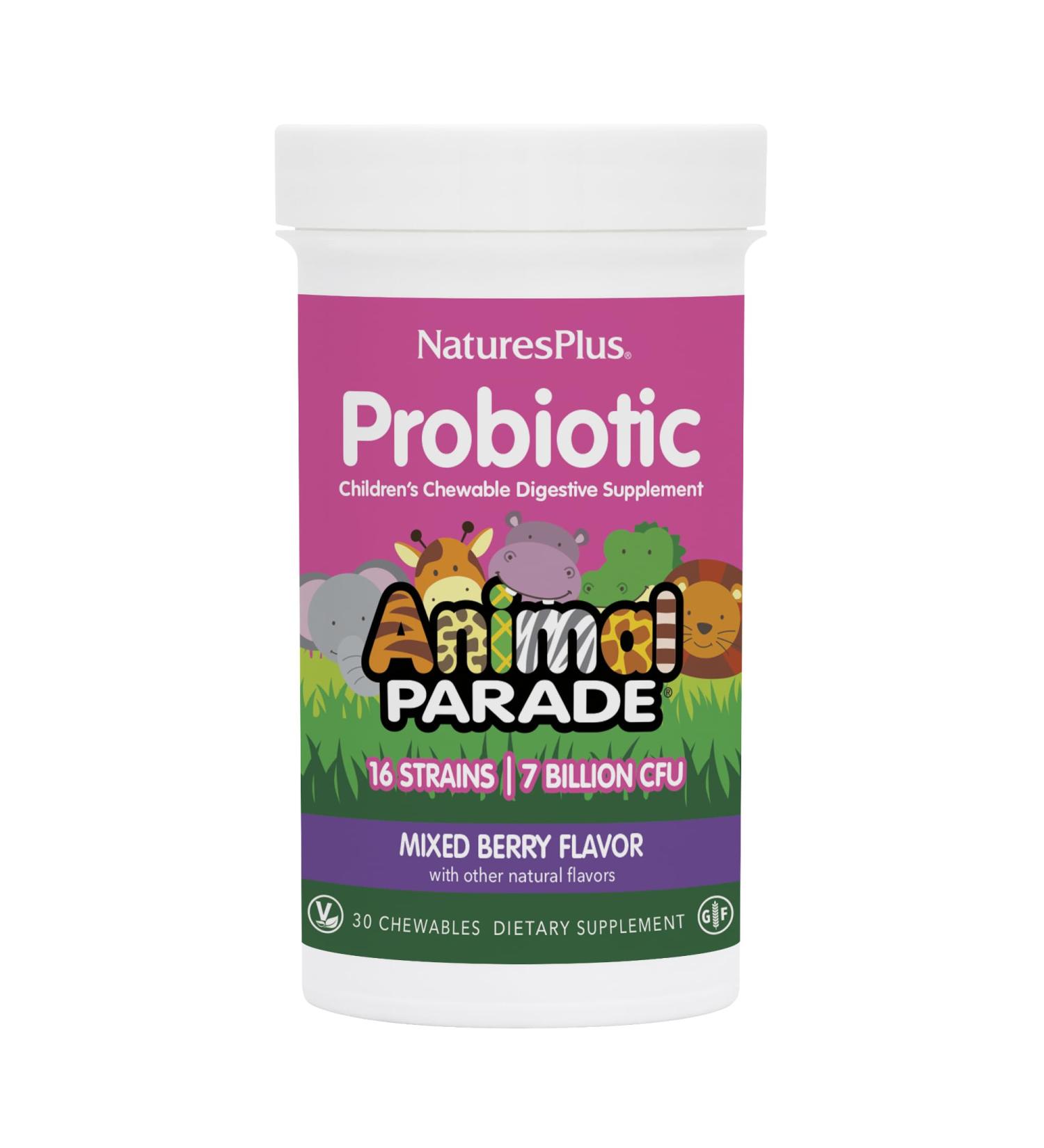 Natures Plus Animal Parade Probiotic for Kids - Mixed Berry Chewables | 30 Vegan Gluten-Free Servings | Supports Gut Health & Immune Function - Buy Online on SooperMarket.com