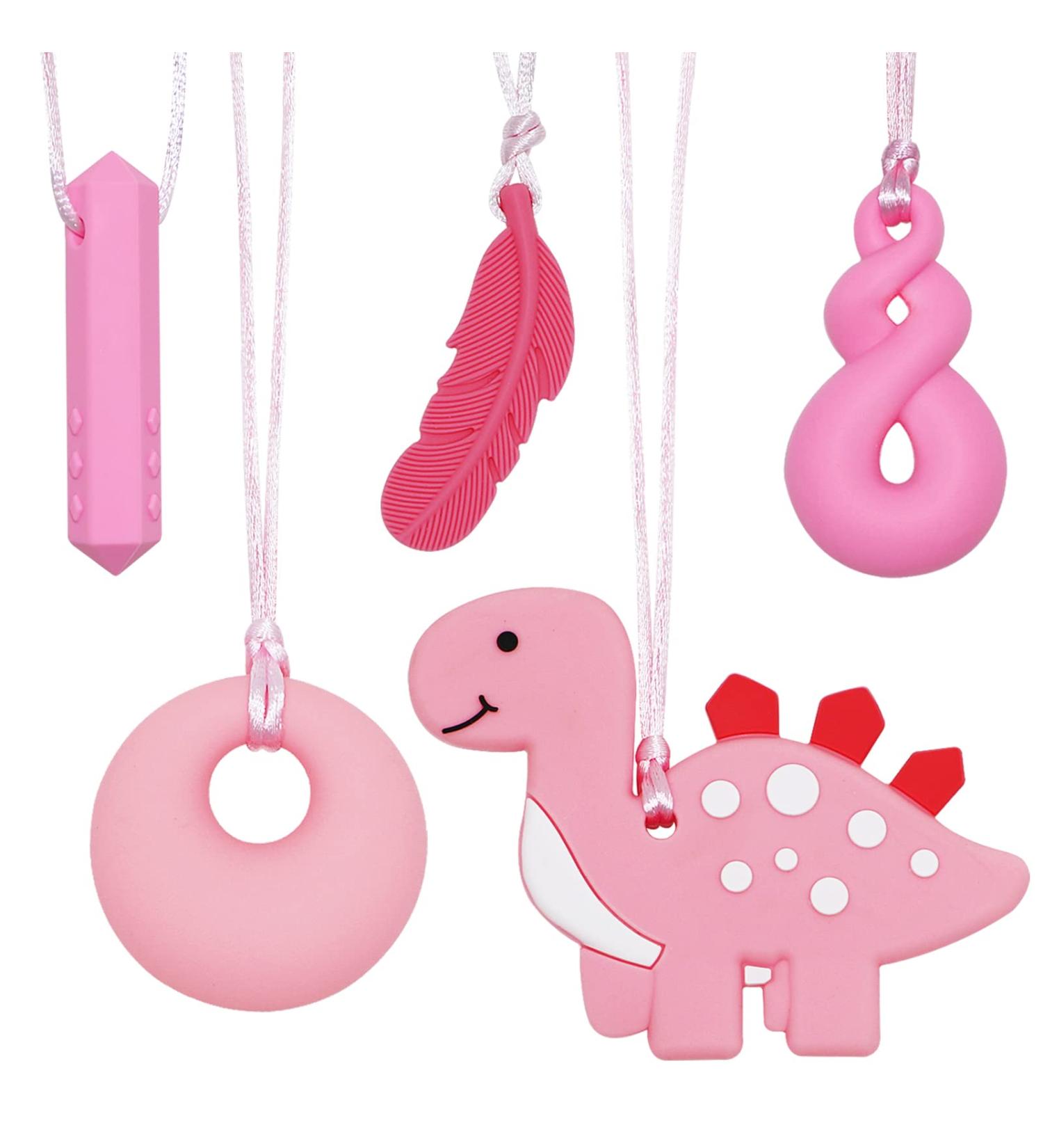 Chew Necklace 5 Pack for Sensory Kids - Pink Dinosaur Sensory Chew Toys for Autism, ADHD, Anxiety - BPA Free Silicone Stim Toy - Buy Online on SooperMarket.com