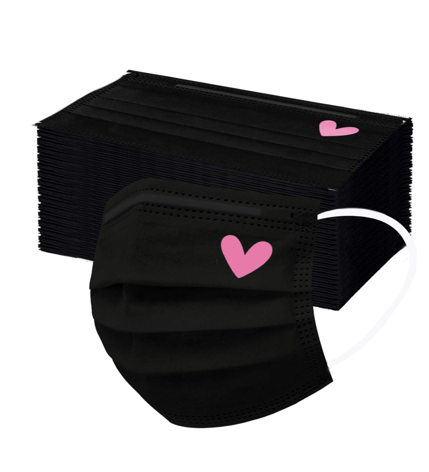 50Pcs Cute Heart Printed Black Disposable Face Masks for Men and Women - Mouth Protection Design (F) - Buy Online on SooperMarket.com