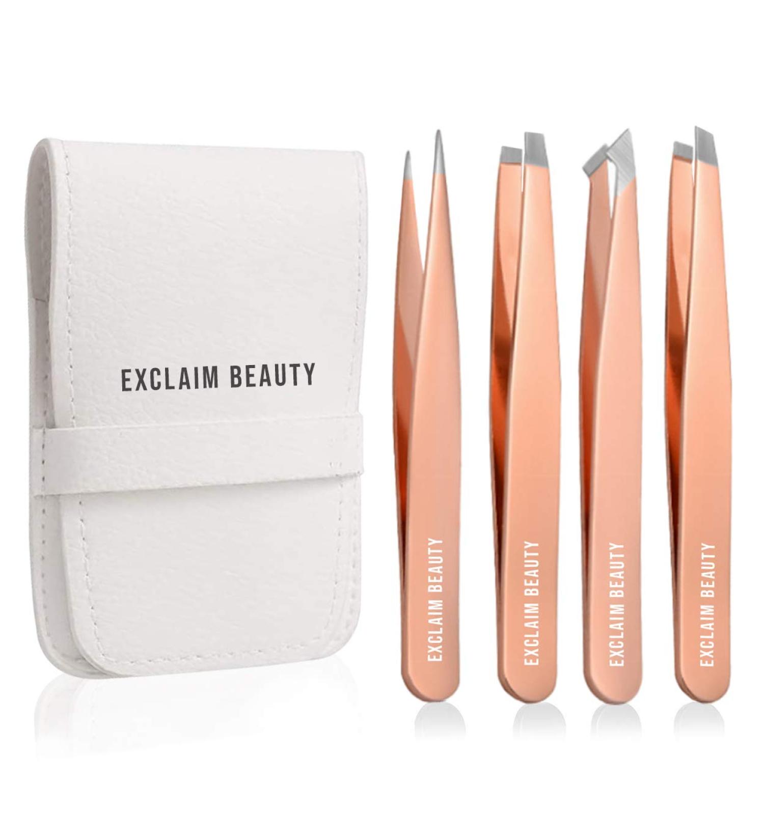 EXCLAIM BEAUTY 4-Piece Stainless Steel Precision Tweezers Set for Men & Women - Eyebrow, Splinter, and Ingrown Hair Removal - Includes Leather Case - Rose Gold - Buy Online on SooperMarket.com