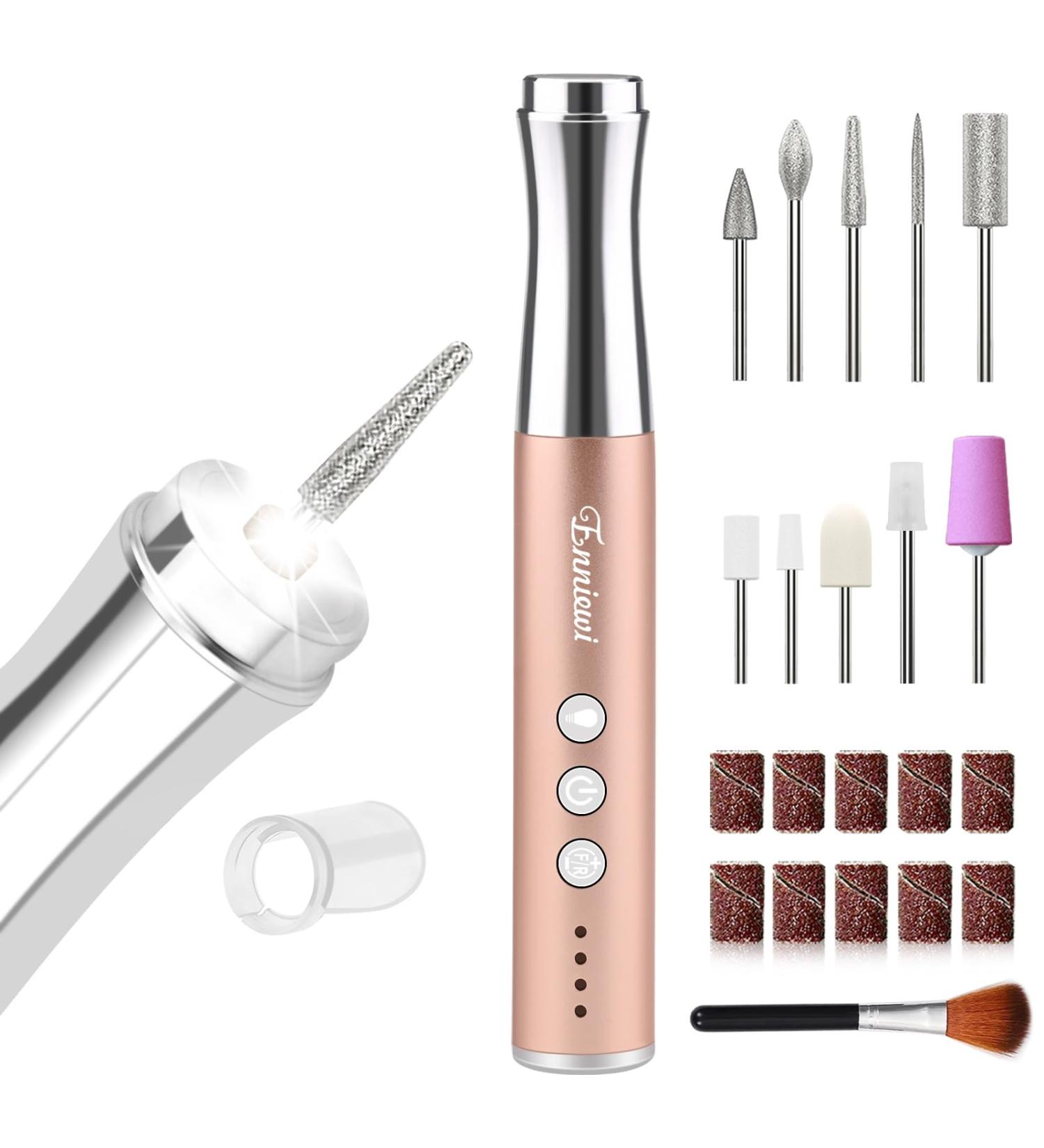 Enniewi 25000RPM Rechargeable Electric Nail Drill with Light - Cordless E File for Gel & Natural Nails | Low Heat Manicure Pedicure Set with Dust Cover - Rose - Buy Online on SooperMarket.com